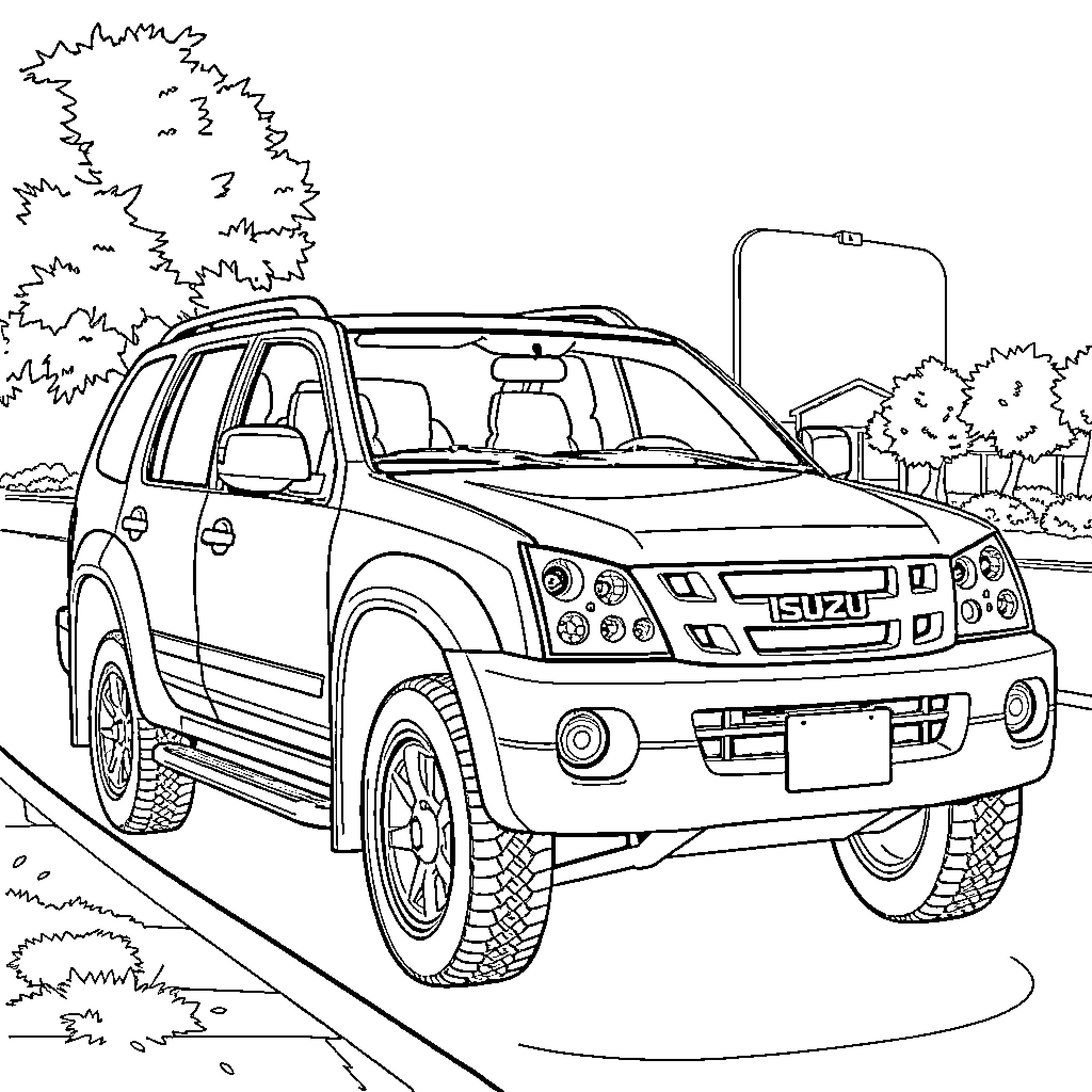 Isuzu Rodeo off-road adventure in the wilderness Coloring Page (free black-and-white line drawing printable PDF for all, from beginners to advanced learners, including children, teens, adults, and seniors)
