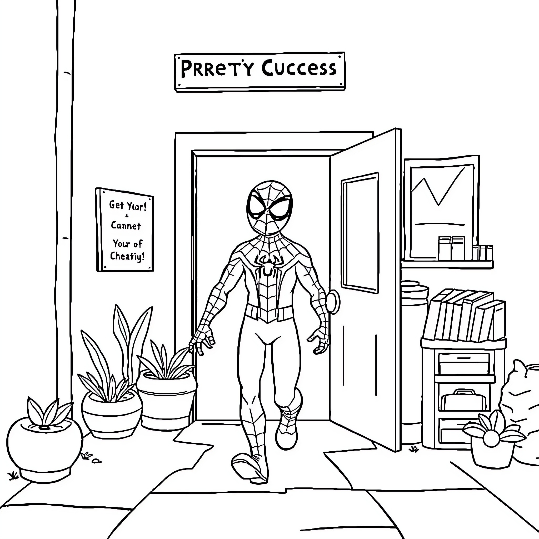 Spiderman entering the Pretty Cuccess office Coloring Page (free black-and-white line drawing printable PDF for all, from beginners to advanced learners, including children, teens, adults, and seniors)