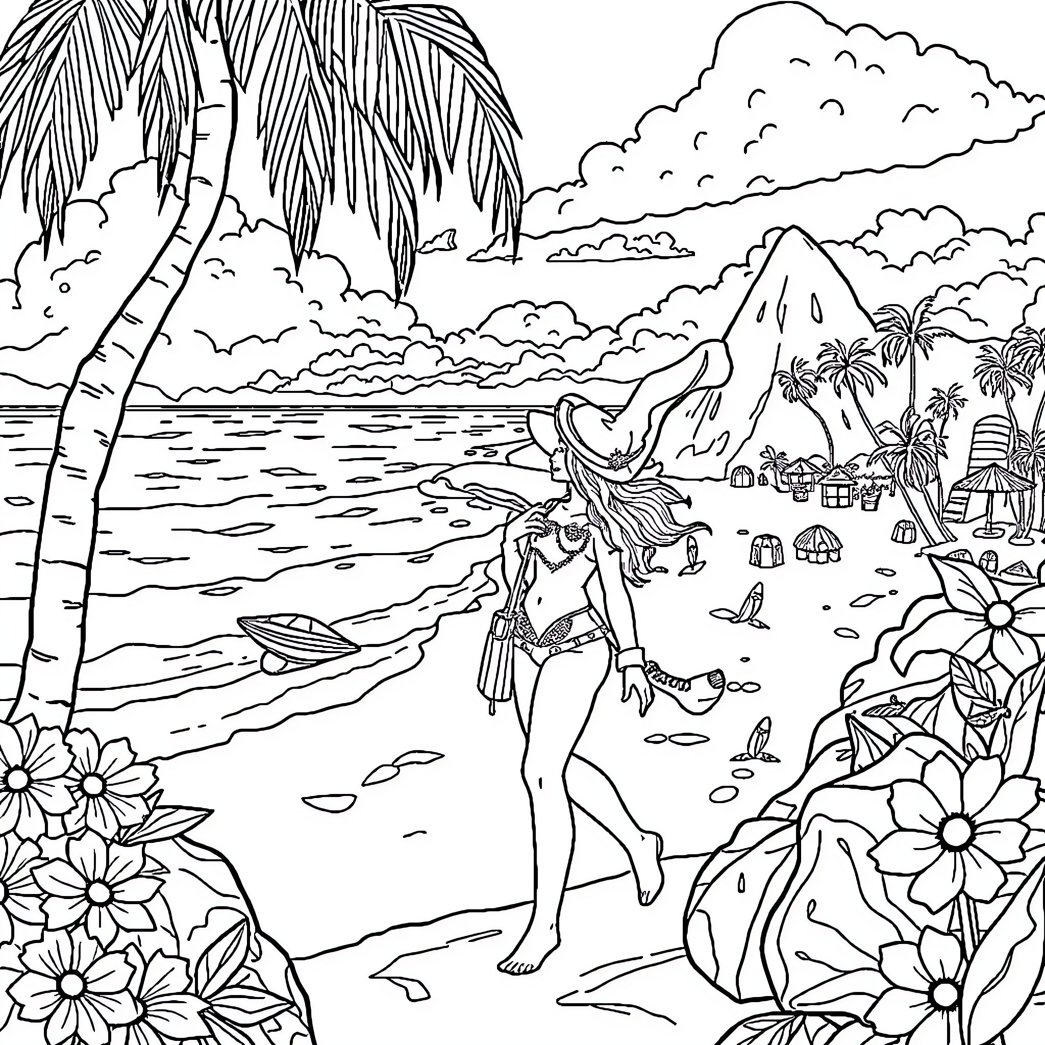 Vaiana exploring the tropical island paradise Coloring Page (free black-and-white line drawing printable PDF for all, from beginners to advanced learners, including children, teens, adults, and seniors)