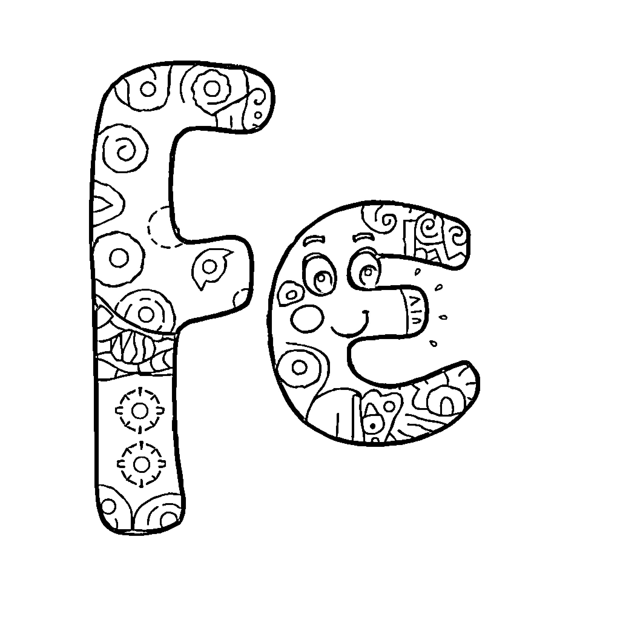 Alphabet Shapes with Whimsical Patterns Coloring Page (free black-and-white line drawing printable PDF for all, from beginners to advanced learners, including children, teens, adults, and seniors)