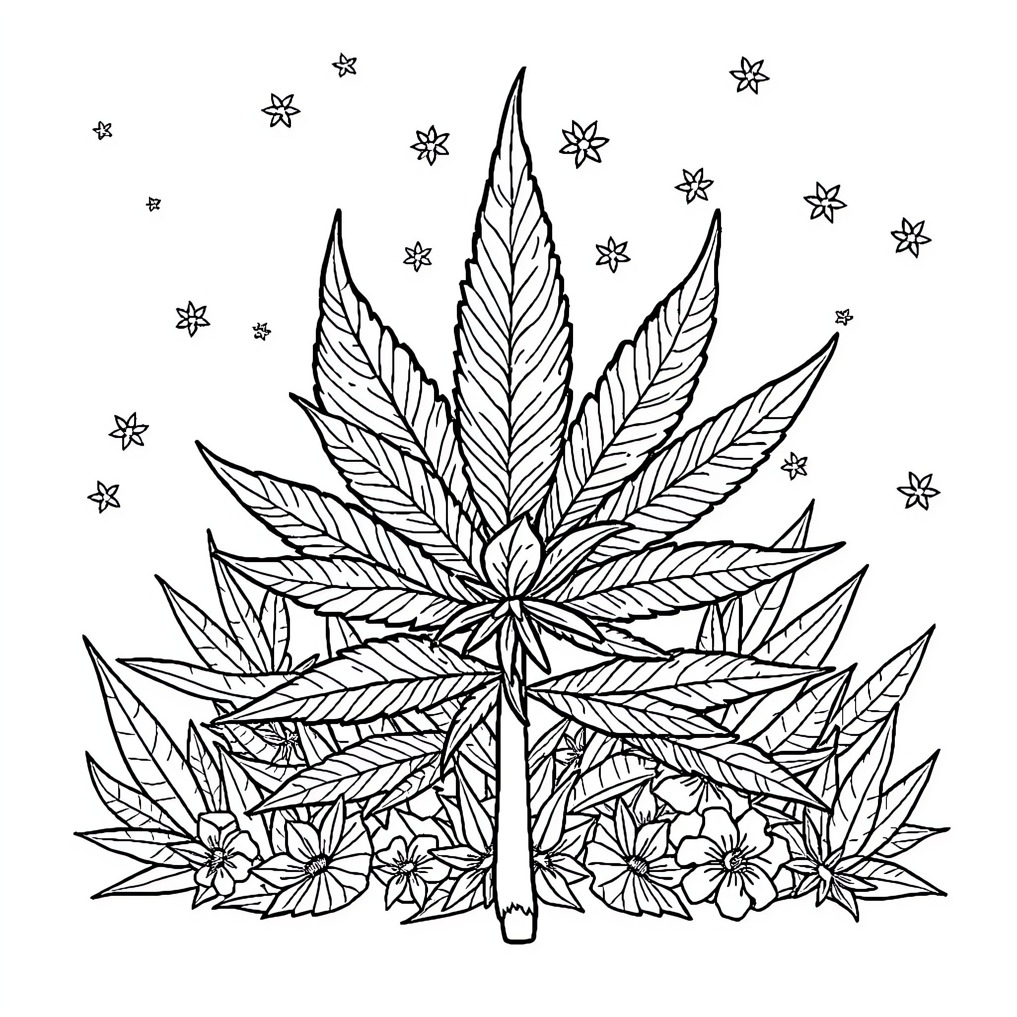 Stoner cannabis plant with ethereal flowers Coloring Page (free black-and-white line drawing printable PDF for all, from beginners to advanced learners, including children, teens, adults, and seniors)