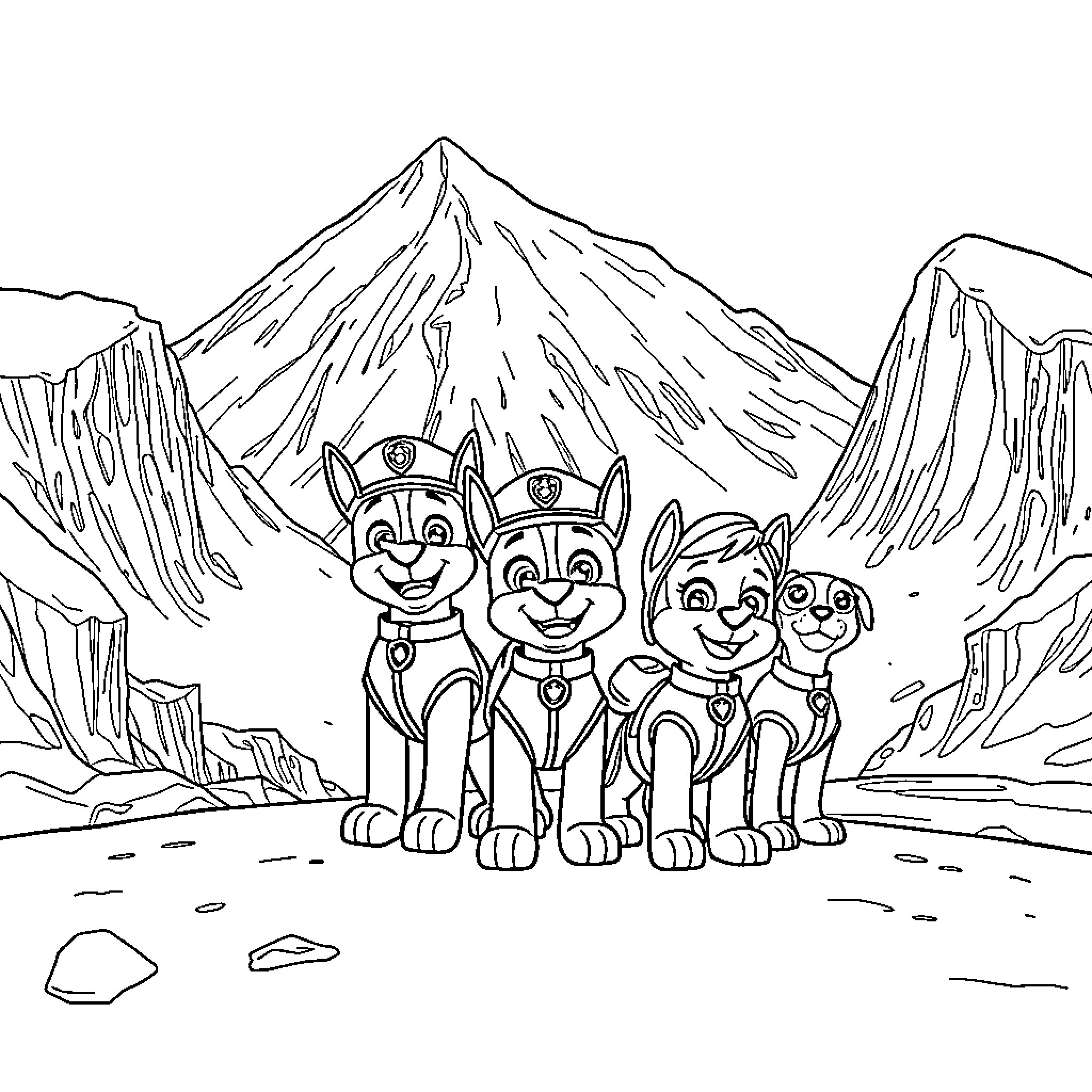 Paw Patrol team exploring the mountains Coloring Page (free black-and-white line drawing printable PDF for all, from beginners to advanced learners, including children, teens, adults, and seniors)