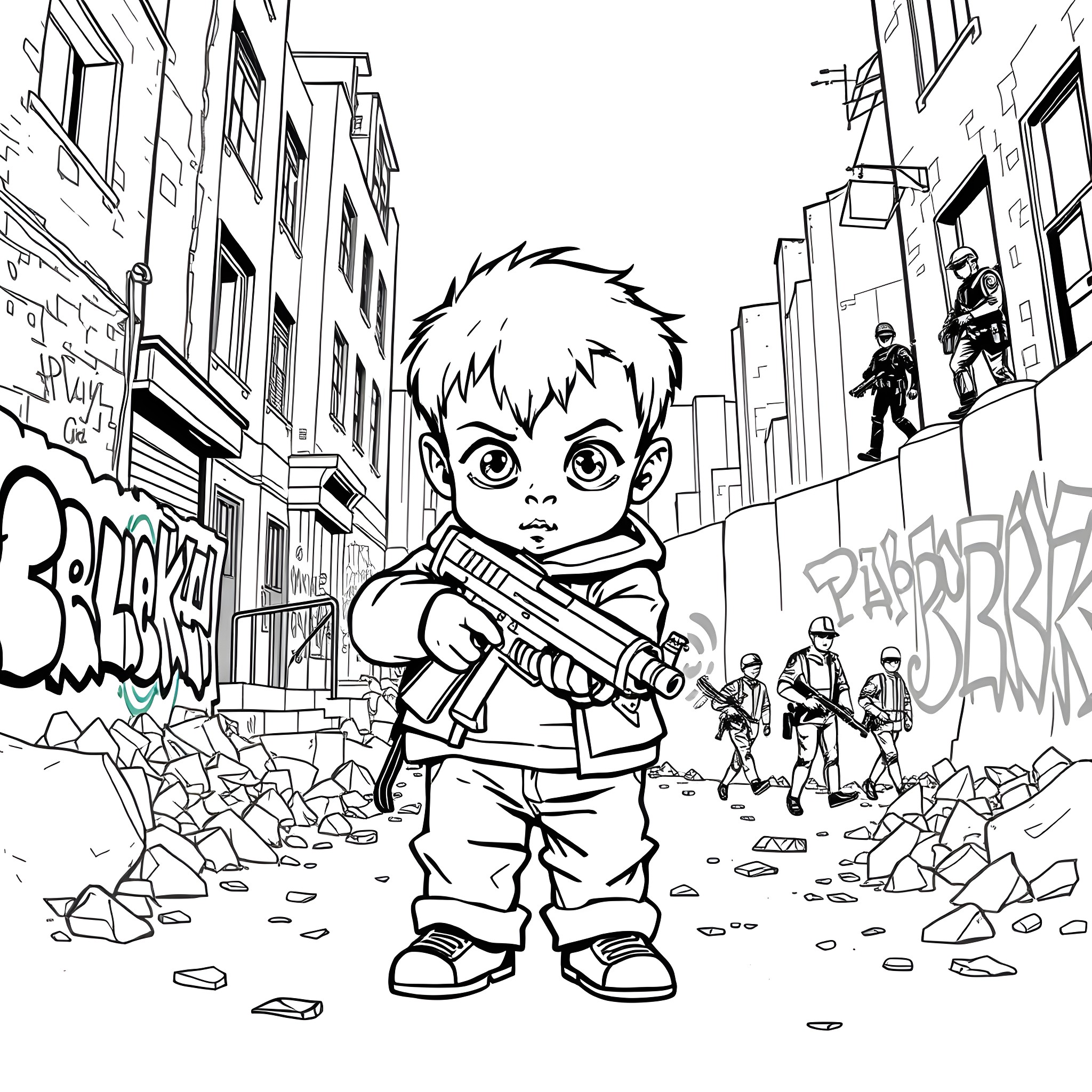 Baby boy with toy gun in urban graffiti scene Coloring Page (free black-and-white line drawing printable PDF for all, from beginners to advanced learners, including children, teens, adults, and seniors)