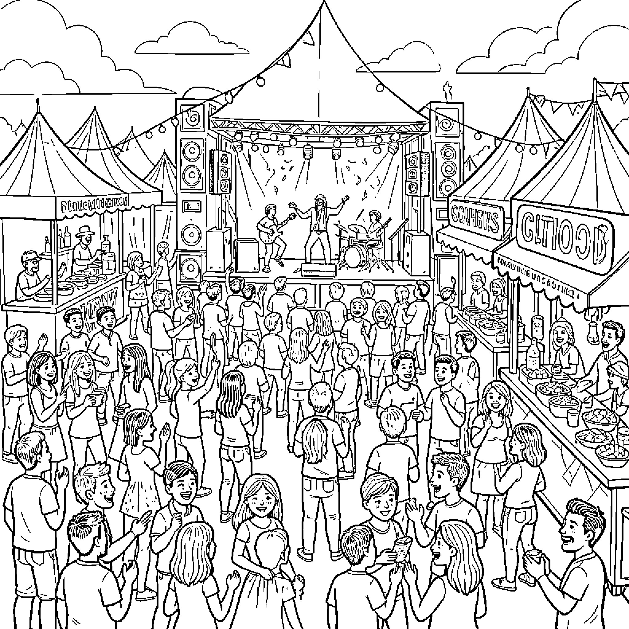Musikfest crowds dancing and enjoying live band performance Coloring Page (free black-and-white line drawing printable PDF for all, from beginners to advanced learners, including children, teens, adults, and seniors)