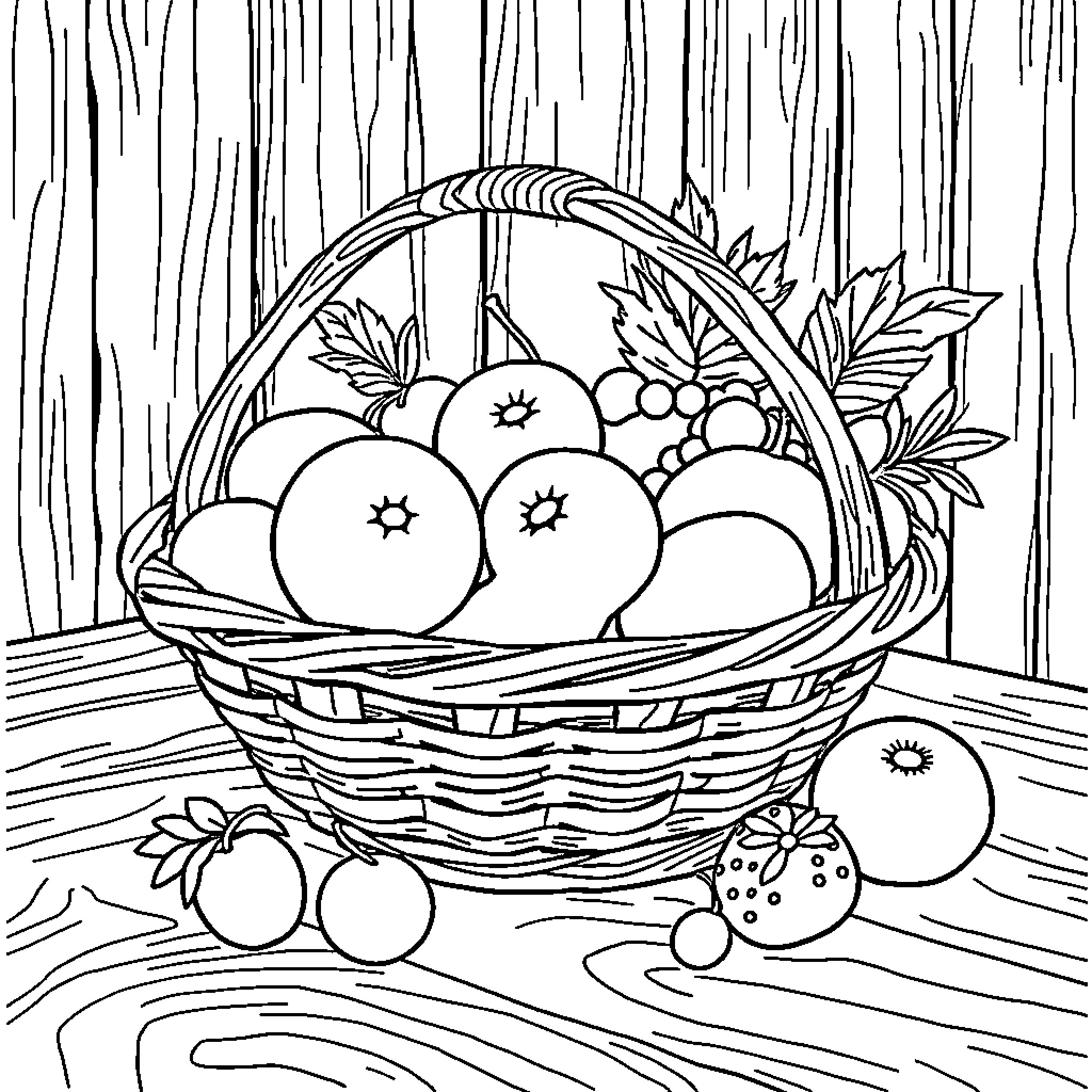 Fruit basket with assorted produce Coloring Page (free black-and-white line drawing printable PDF for all, from beginners to advanced learners, including children, teens, adults, and seniors)
