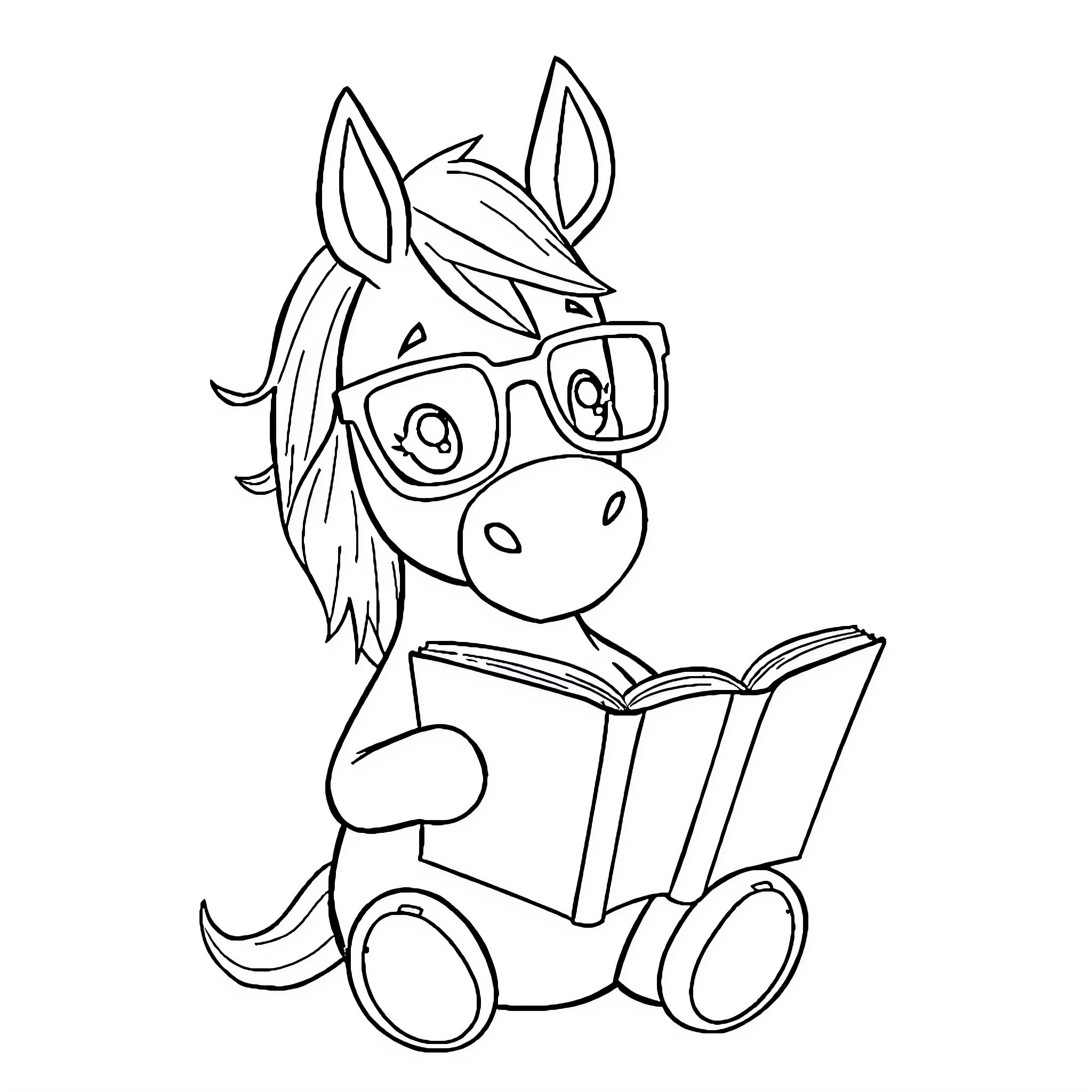 Horse reading book in glasses Coloring Page (free black-and-white line drawing printable PDF for all, from beginners to advanced learners, including children, teens, adults, and seniors)