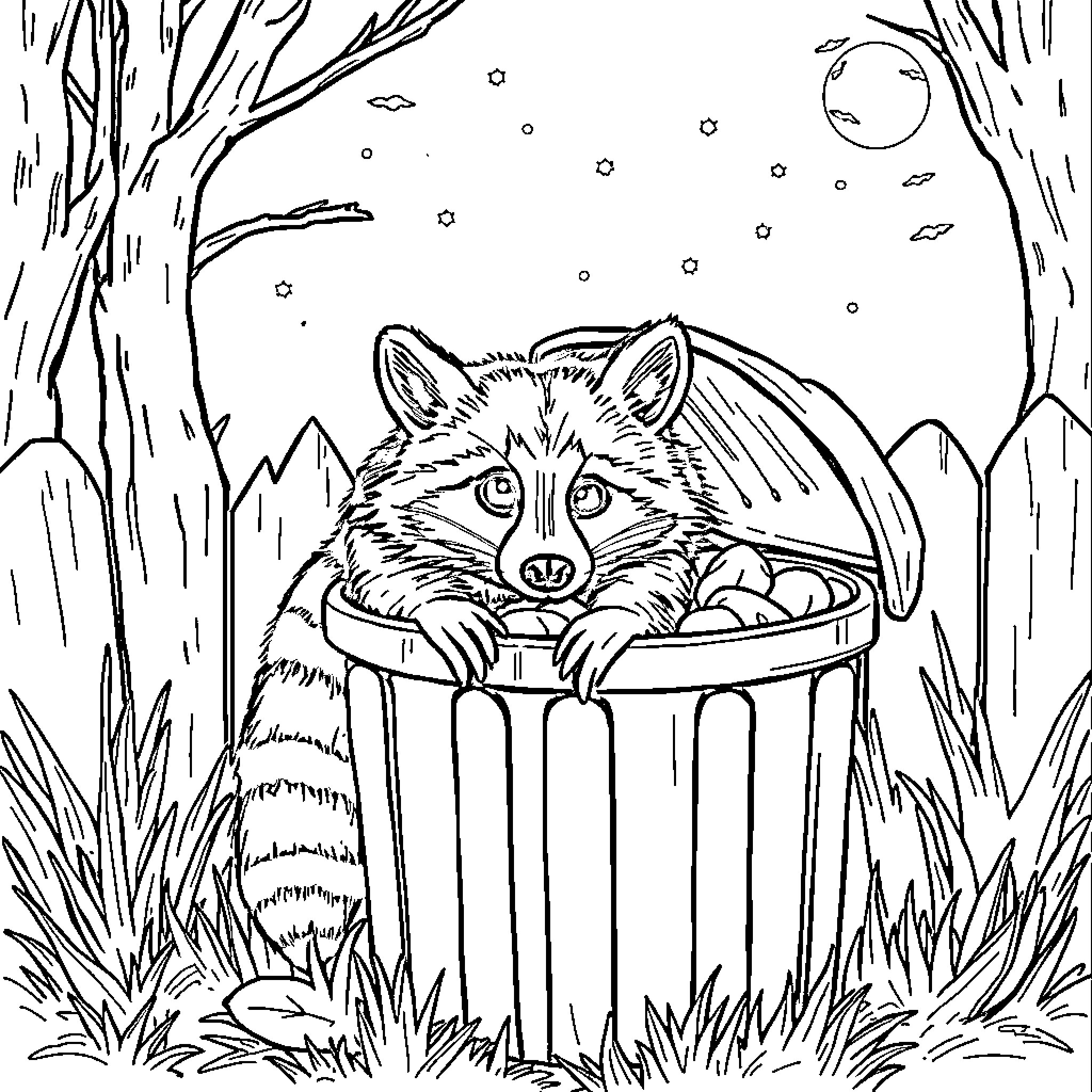 Raccoon exploring a barrel in the forest Coloring Page (free black-and-white line drawing printable PDF for all, from beginners to advanced learners, including children, teens, adults, and seniors)