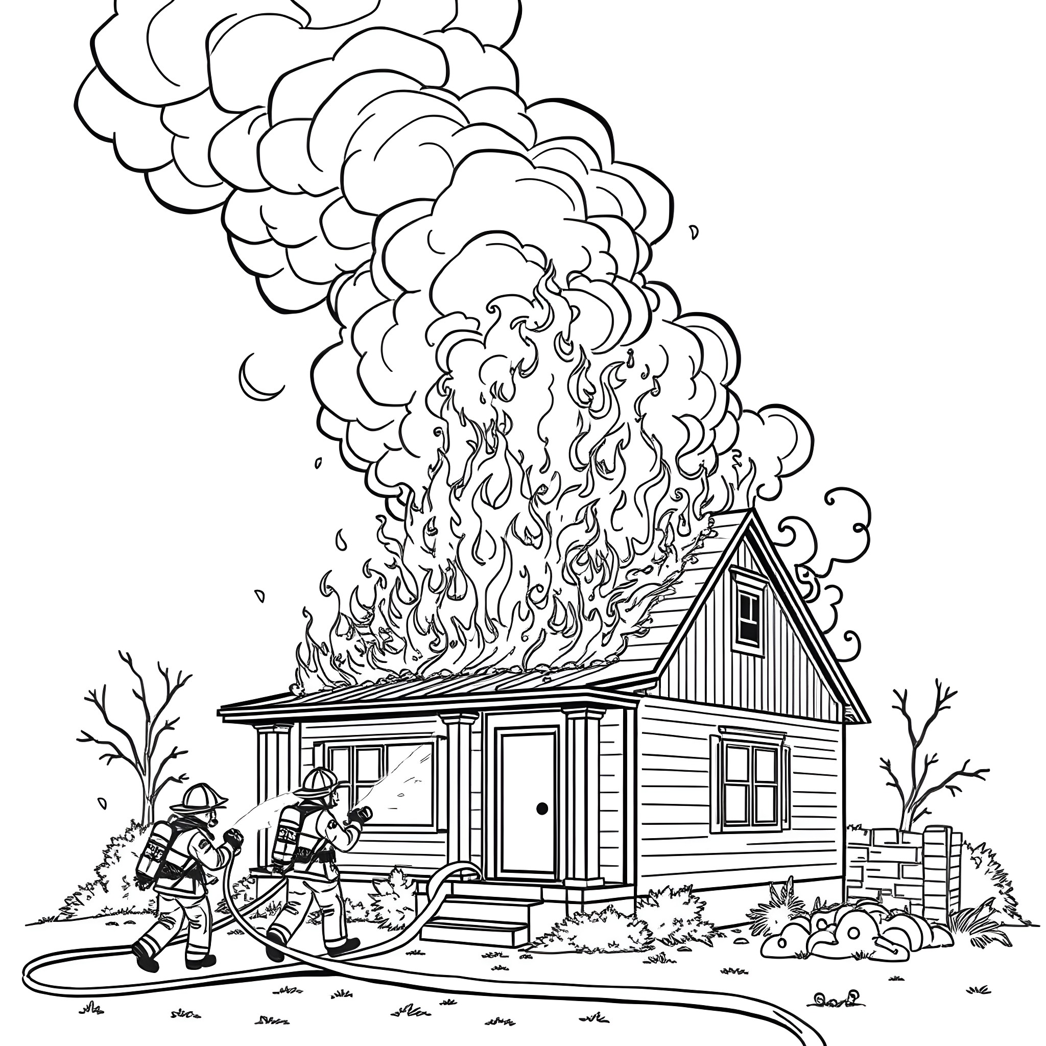 Firefighters battling a blazing house fire Coloring Page (free black-and-white line drawing printable PDF for all, from beginners to advanced learners, including children, teens, adults, and seniors)