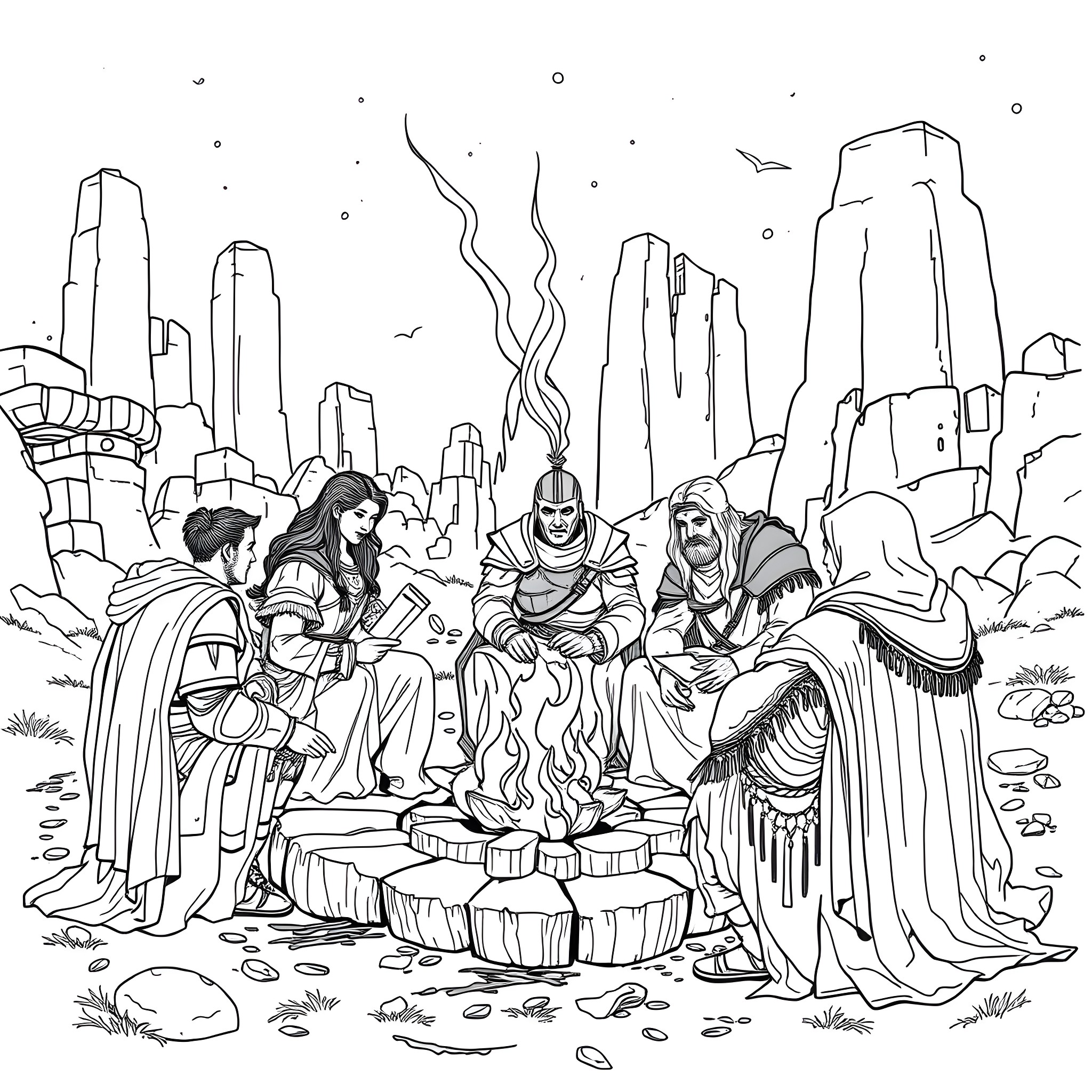Warrior Gathering around Campfire in Rugged Landscape Coloring Page (free black-and-white line drawing printable PDF for all, from beginners to advanced learners, including children, teens, adults, and seniors)