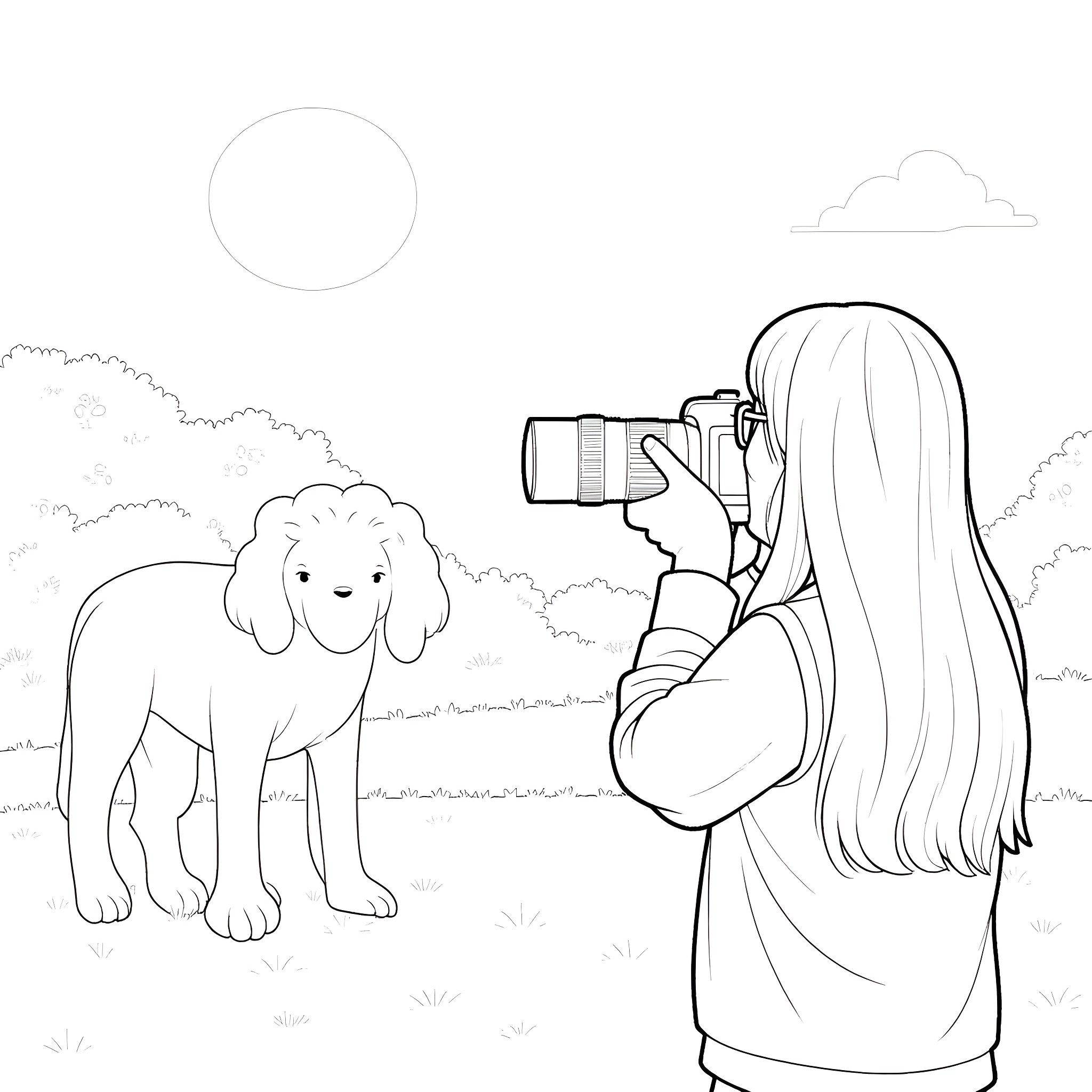 Photographer capturing a friendly dog in nature Coloring Page (free black-and-white line drawing printable PDF for all, from beginners to advanced learners, including children, teens, adults, and seniors)