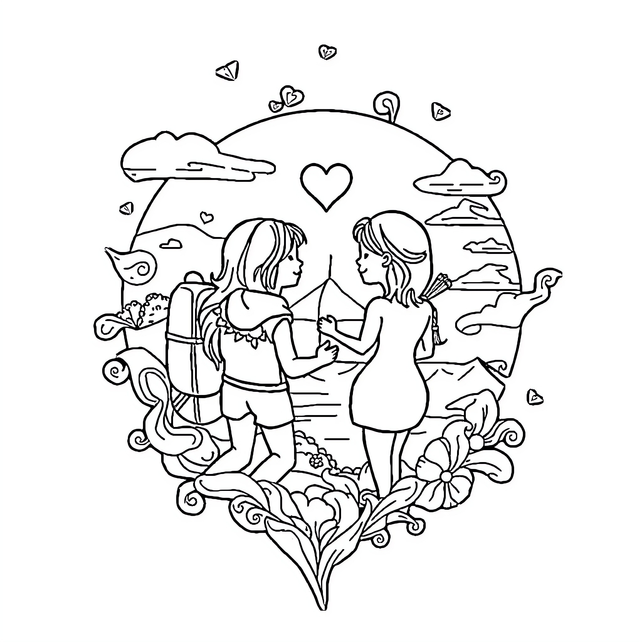Tattoo of two women embracing in a whimsical landscape Coloring Page (free black-and-white line drawing printable PDF for all, from beginners to advanced learners, including children, teens, adults, and seniors)