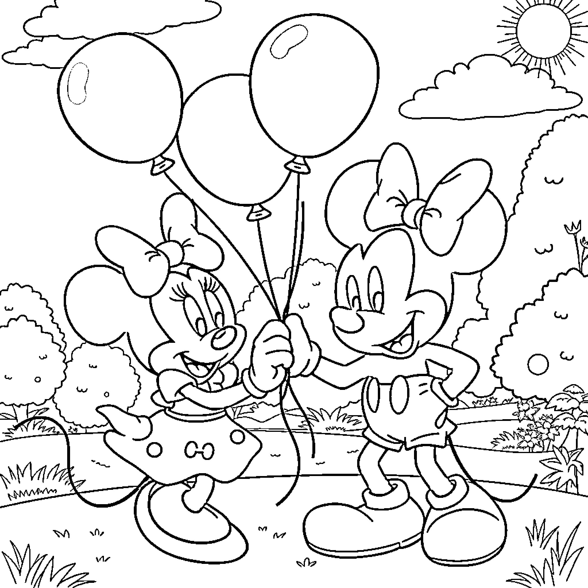 Minnie Mouse and Mickey Mouse playing with balloons in the park Coloring Page (free black-and-white line drawing printable PDF for all, from beginners to advanced learners, including children, teens, adults, and seniors)