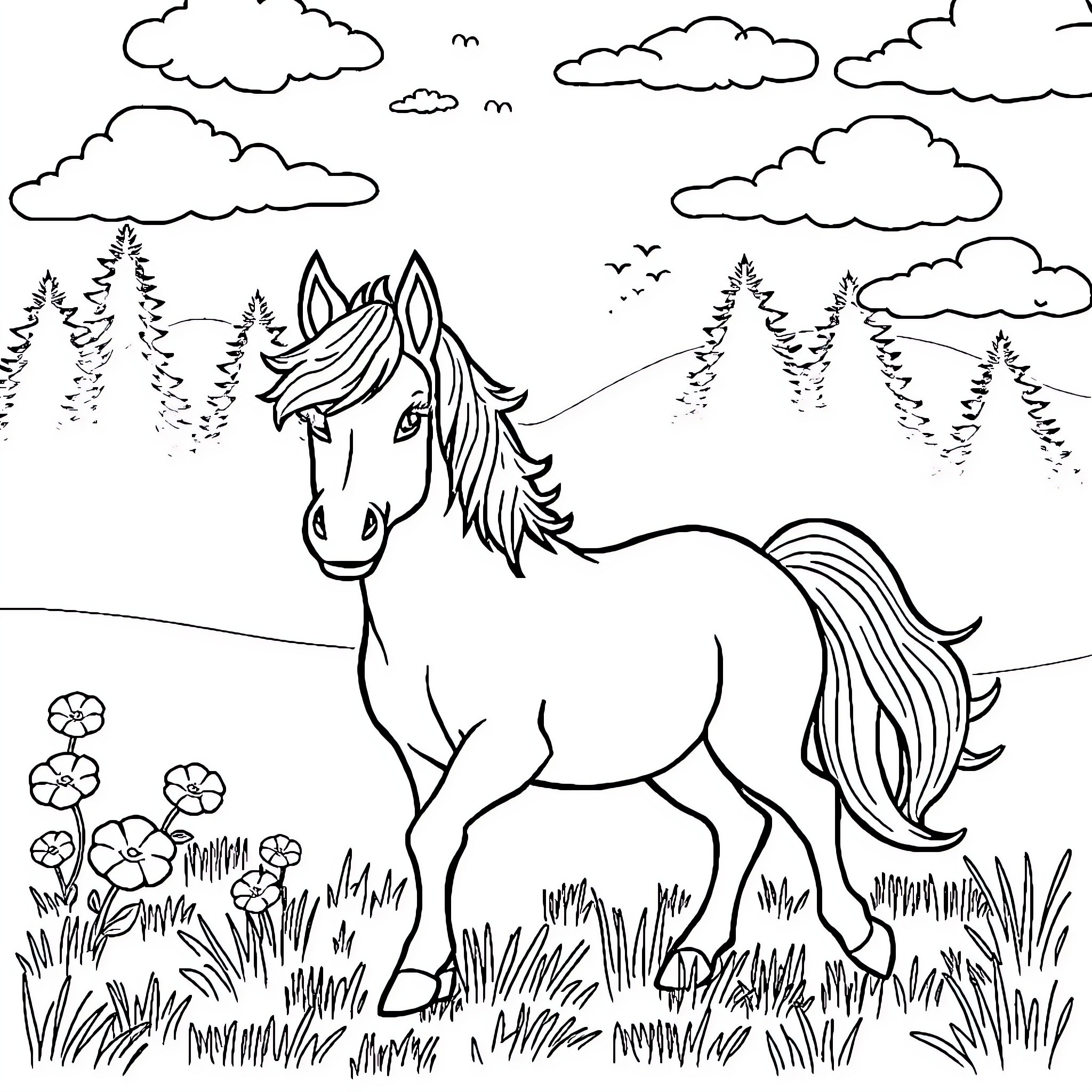 Pony grazing in a scenic meadow Coloring Page (free black-and-white line drawing printable PDF for all, from beginners to advanced learners, including children, teens, adults, and seniors)