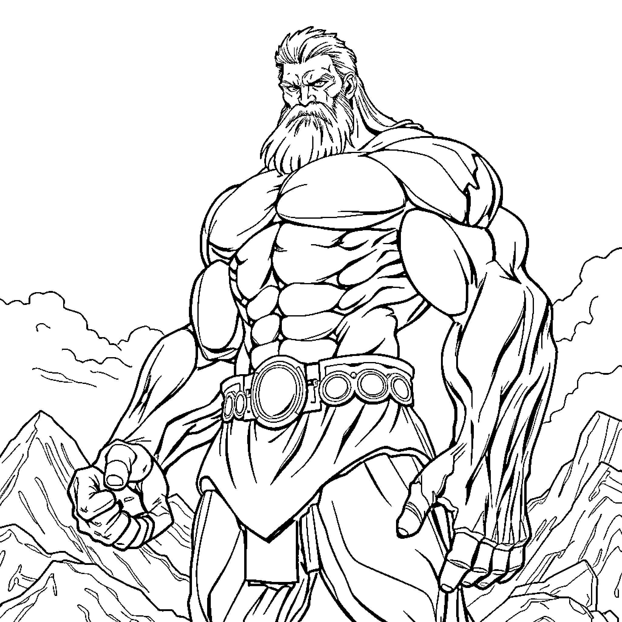 Titan warrior with powerful muscles and fierce expression Coloring Page (free black-and-white line drawing printable PDF for all, from beginners to advanced learners, including children, teens, adults, and seniors)