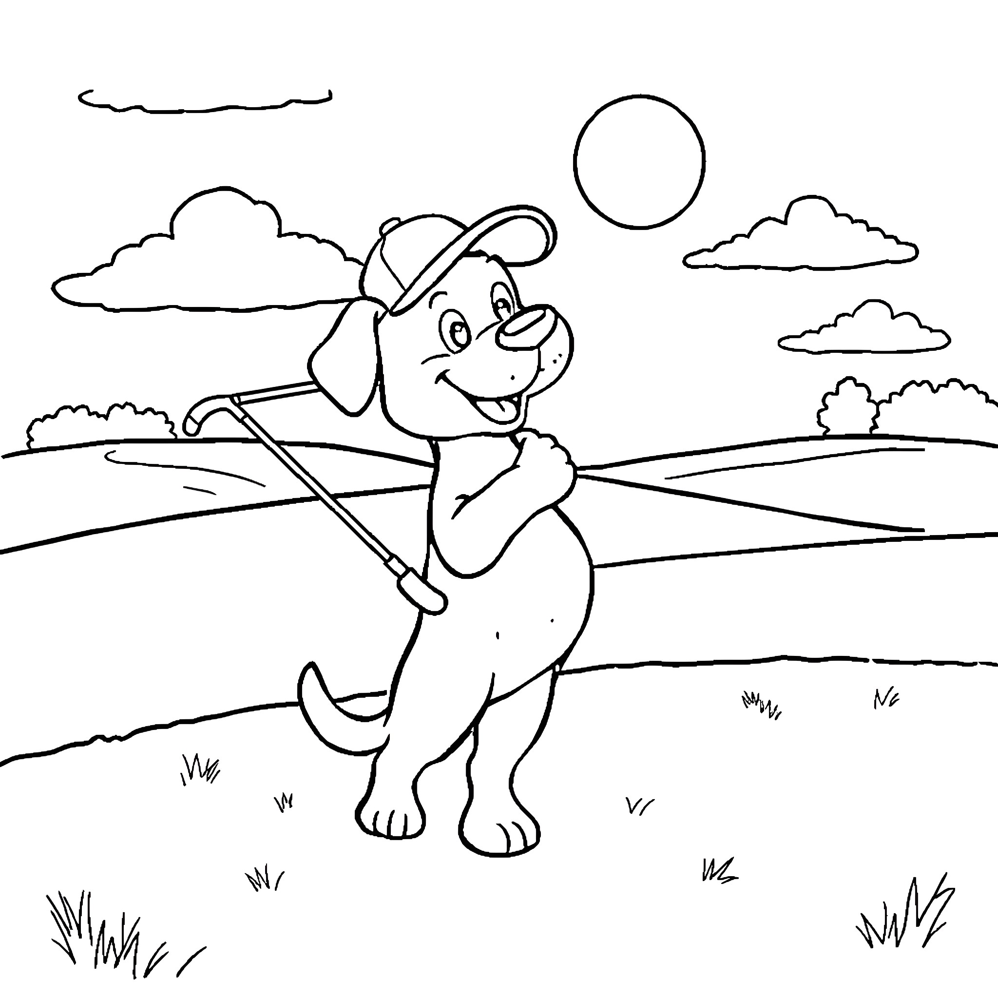 Dog playing with a golf club in the countryside Coloring Page (free black-and-white line drawing printable PDF for all, from beginners to advanced learners, including children, teens, adults, and seniors)