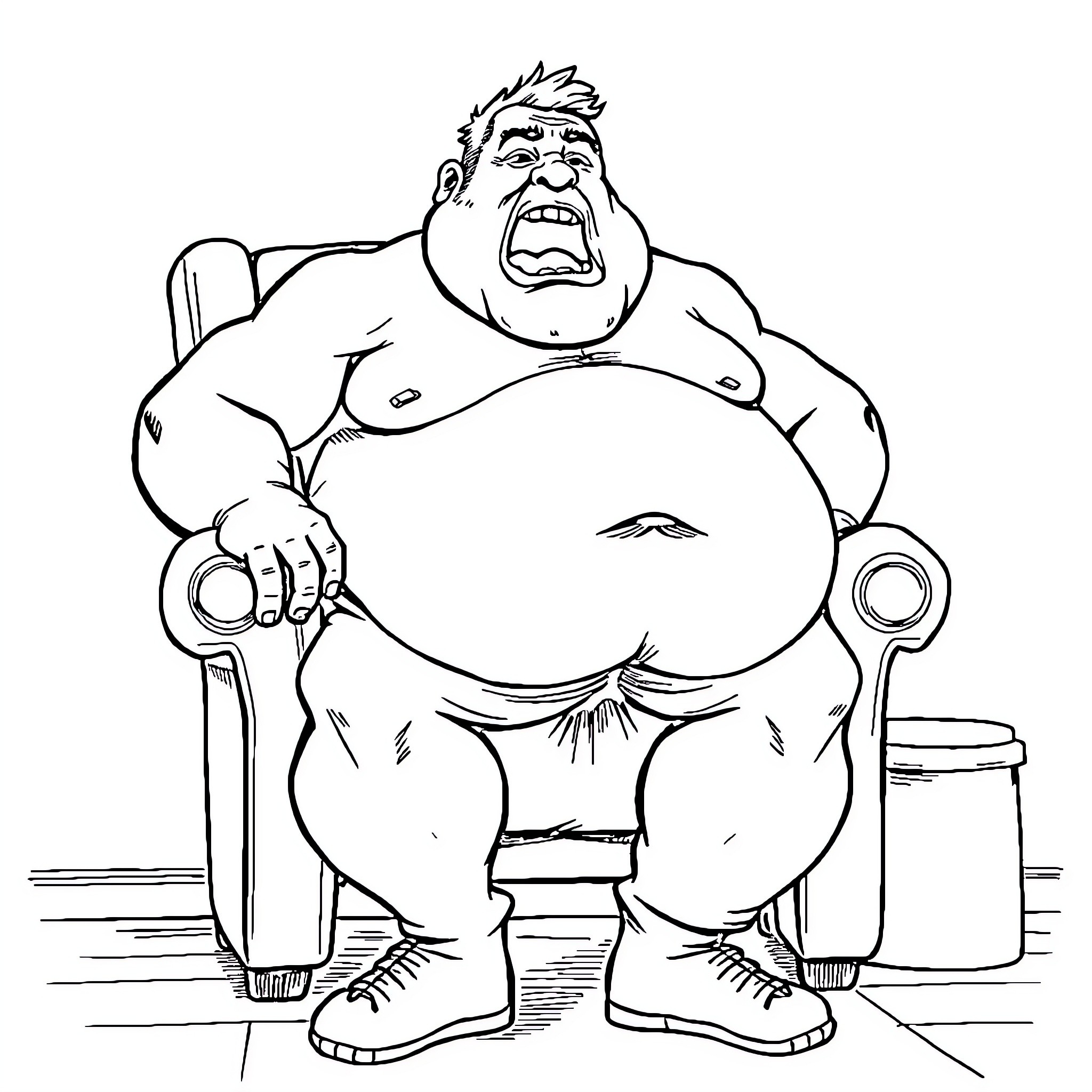 Man shouting loudly in an armchair Coloring Page (free black-and-white line drawing printable PDF for all, from beginners to advanced learners, including children, teens, adults, and seniors)