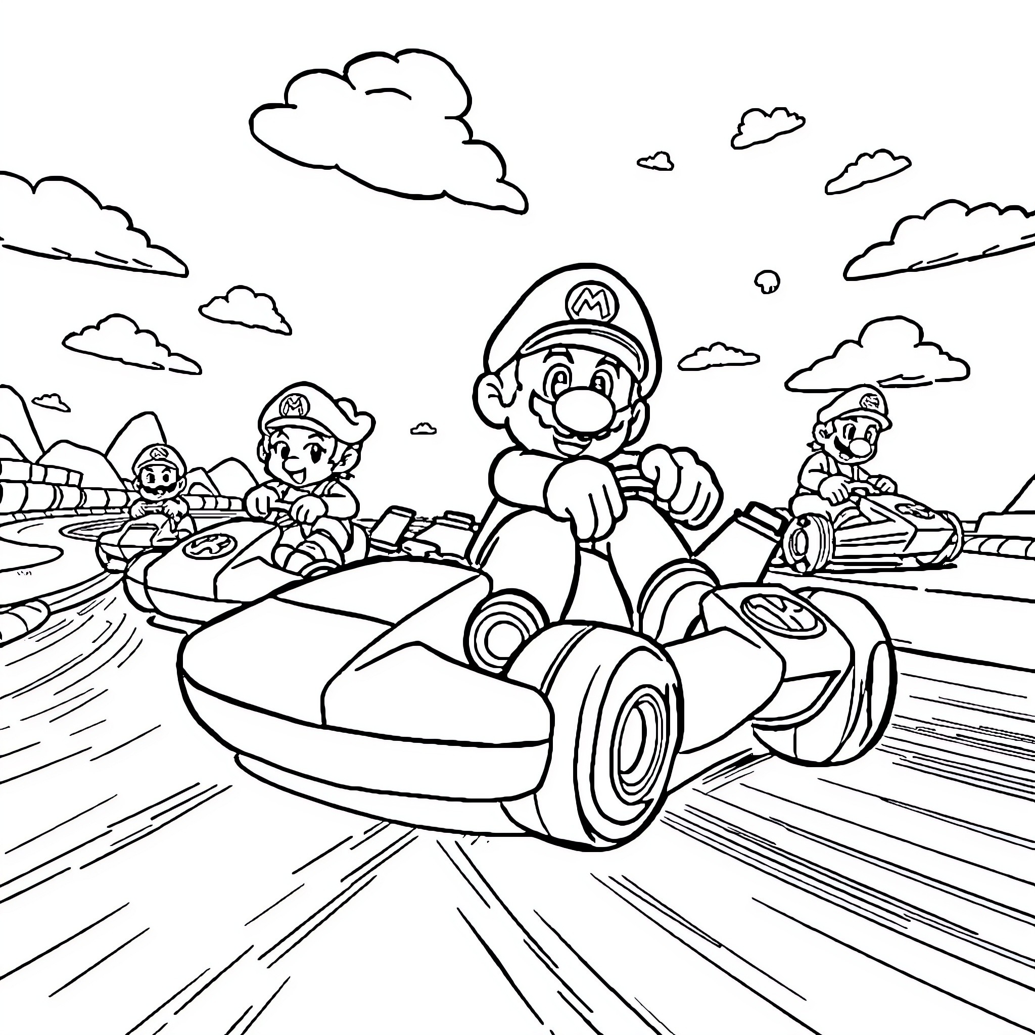 Mario Kart racers speeding through the track Coloring Page (free black-and-white line drawing printable PDF for all, from beginners to advanced learners, including children, teens, adults, and seniors)