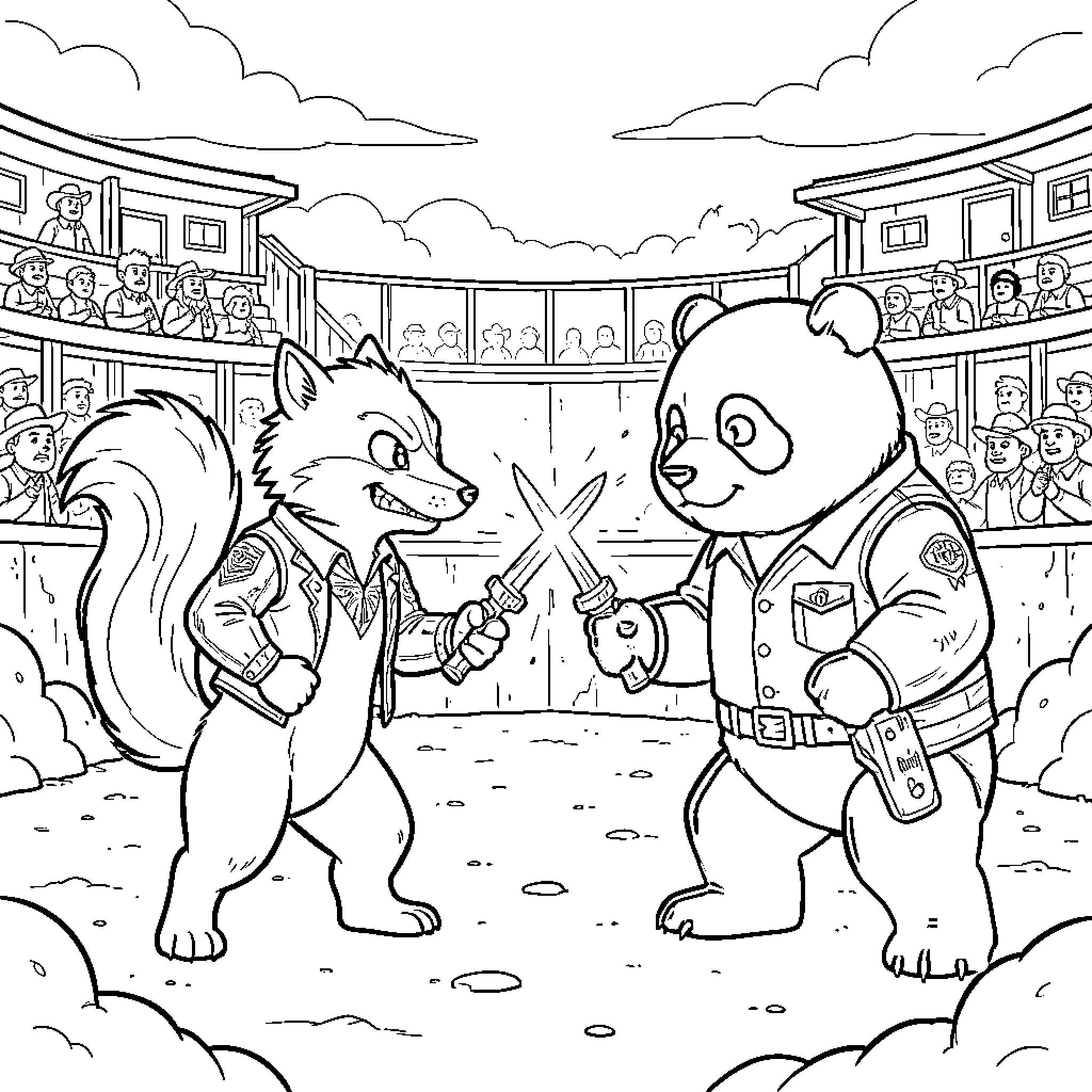 LPS fox and panda dueling with swords Coloring Page (free black-and-white line drawing printable PDF for all, from beginners to advanced learners, including children, teens, adults, and seniors)