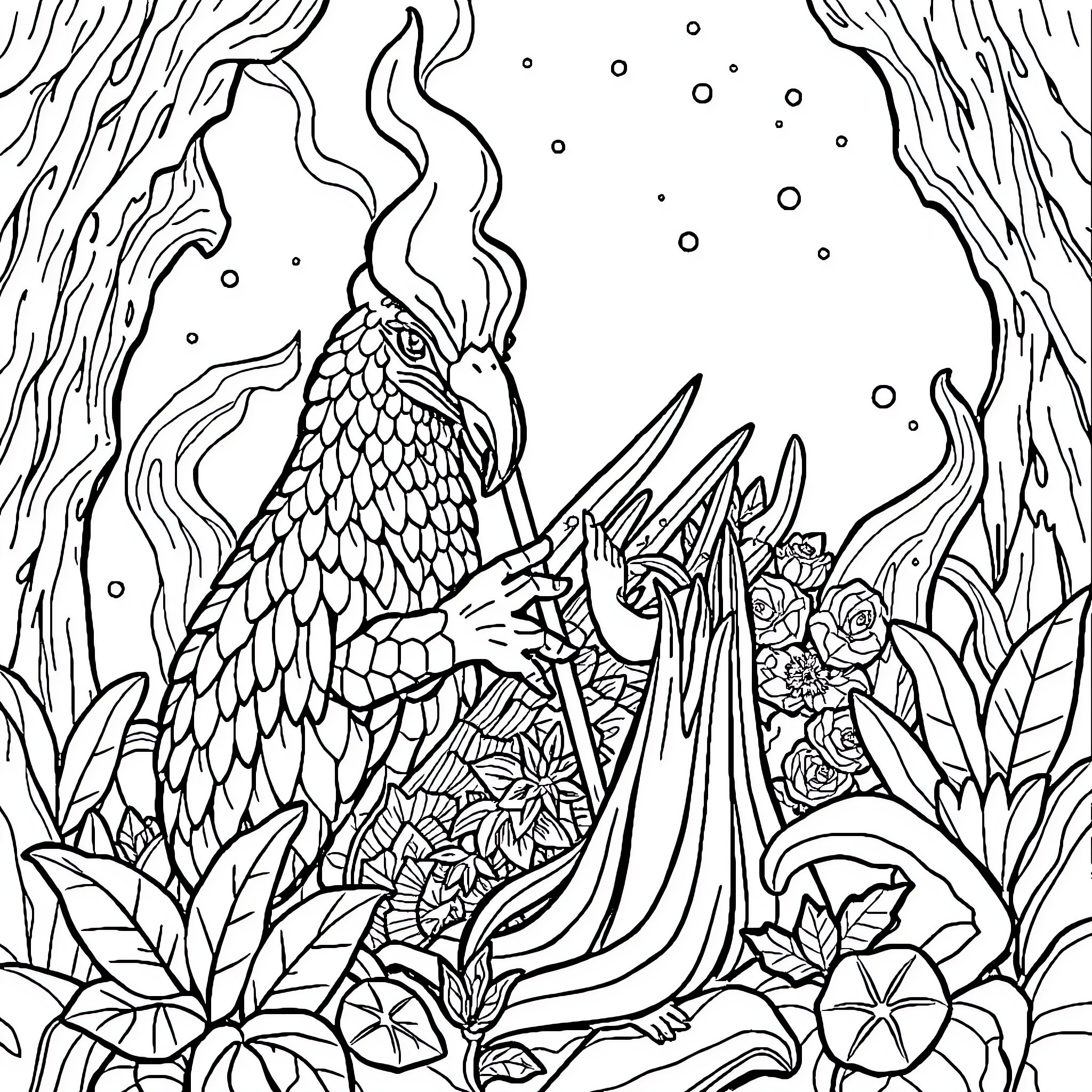 Amulet of the Magical Rooster in Mystical Foliage Coloring Page (free black-and-white line drawing printable PDF for all, from beginners to advanced learners, including children, teens, adults, and seniors)