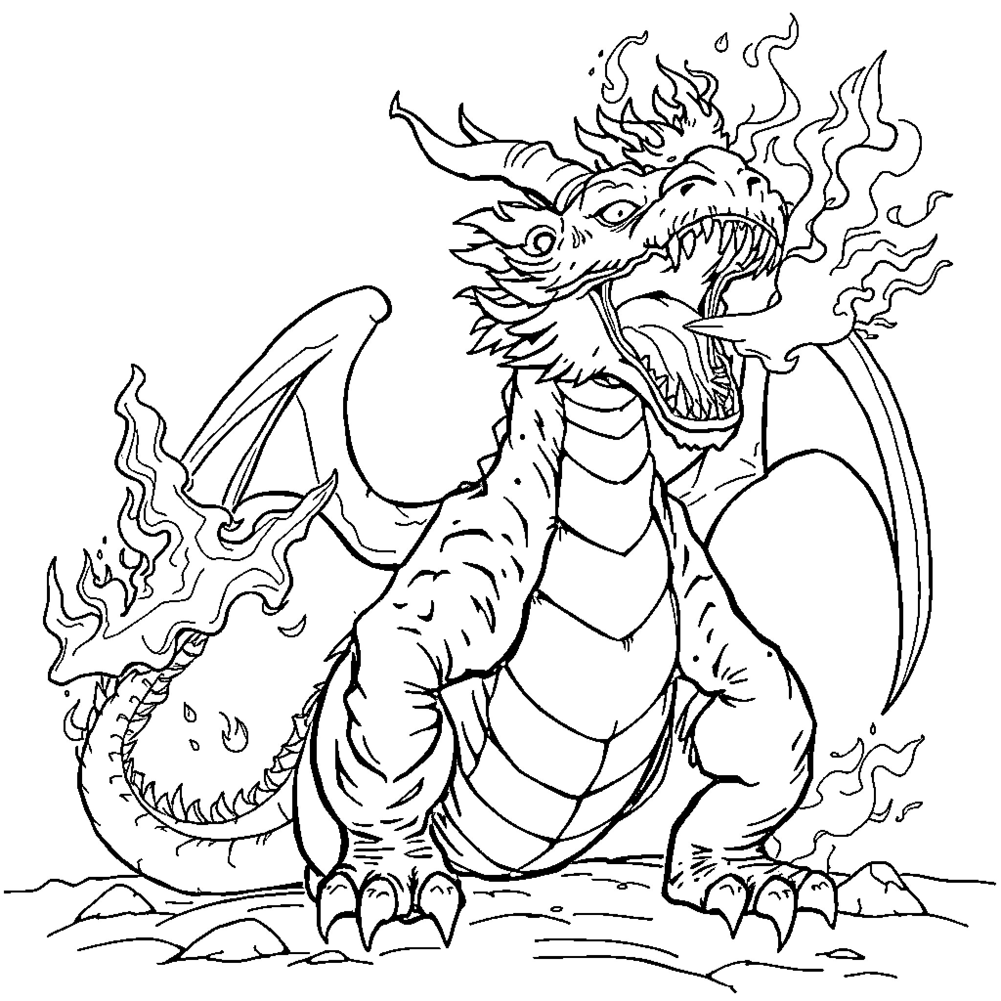 Dragon breathing fire with a fierce expression Coloring Page (free black-and-white line drawing printable PDF for all, from beginners to advanced learners, including children, teens, adults, and seniors)