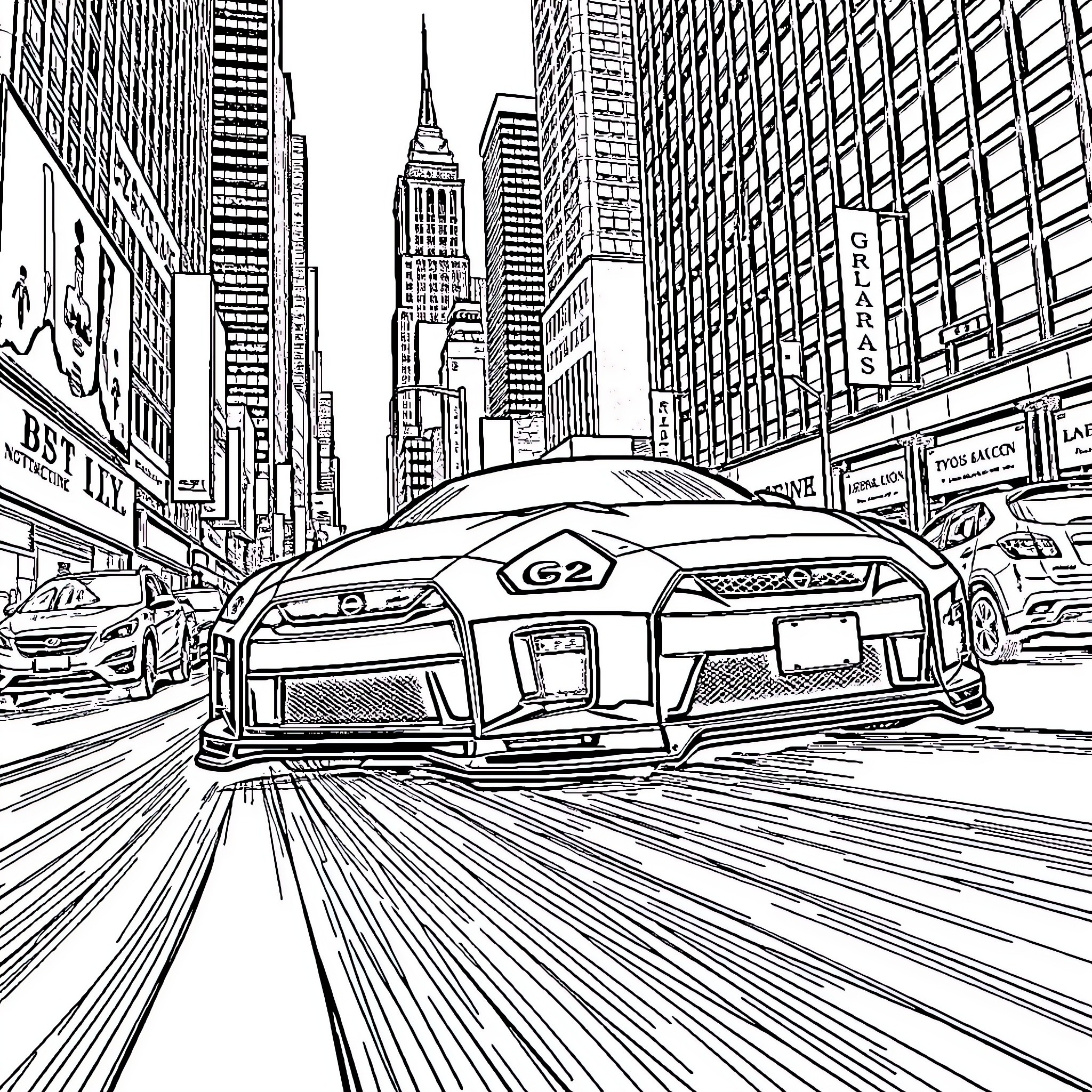 Nissan GTR speeding through the city streets Coloring Page (free black-and-white line drawing printable PDF for all, from beginners to advanced learners, including children, teens, adults, and seniors)