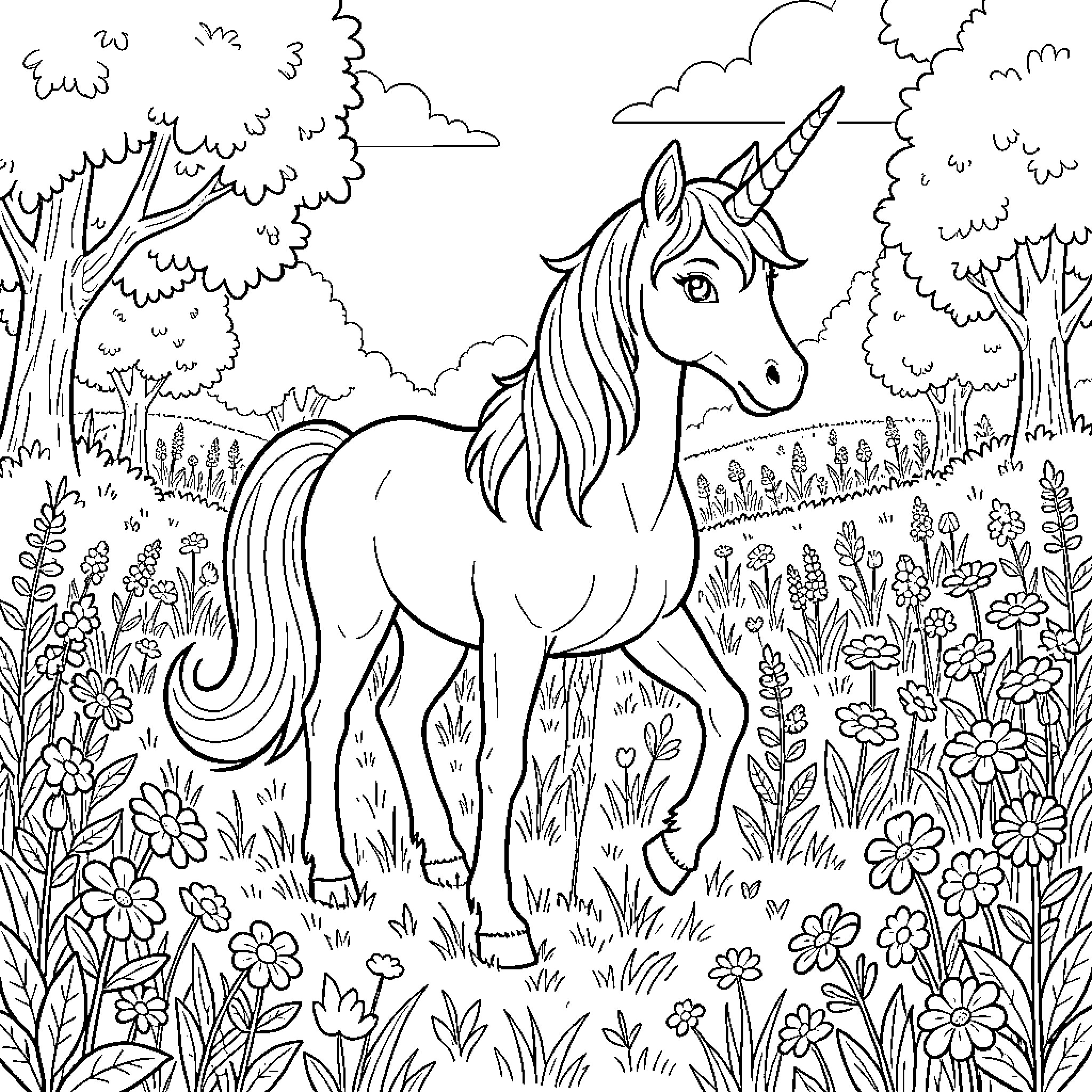 Unicorn standing gracefully in a flowery meadow Coloring Page (free black-and-white line drawing printable PDF for all, from beginners to advanced learners, including children, teens, adults, and seniors)