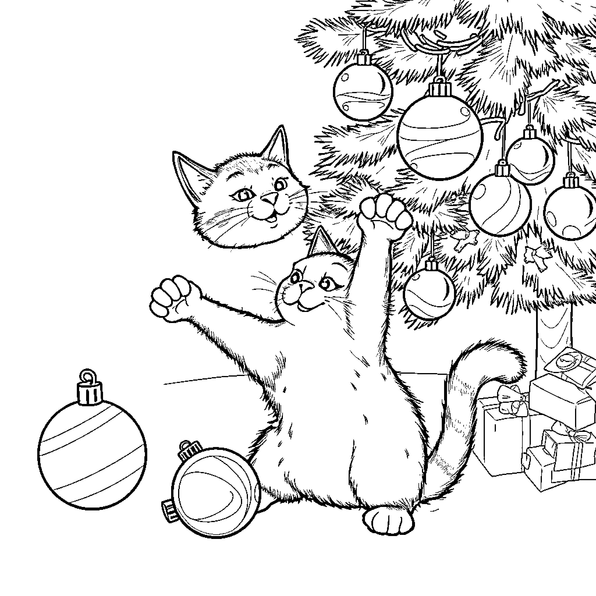 Cats Exploring Christmas Tree Ornaments Coloring Page (free black-and-white line drawing printable PDF for all, from beginners to advanced learners, including children, teens, adults, and seniors)