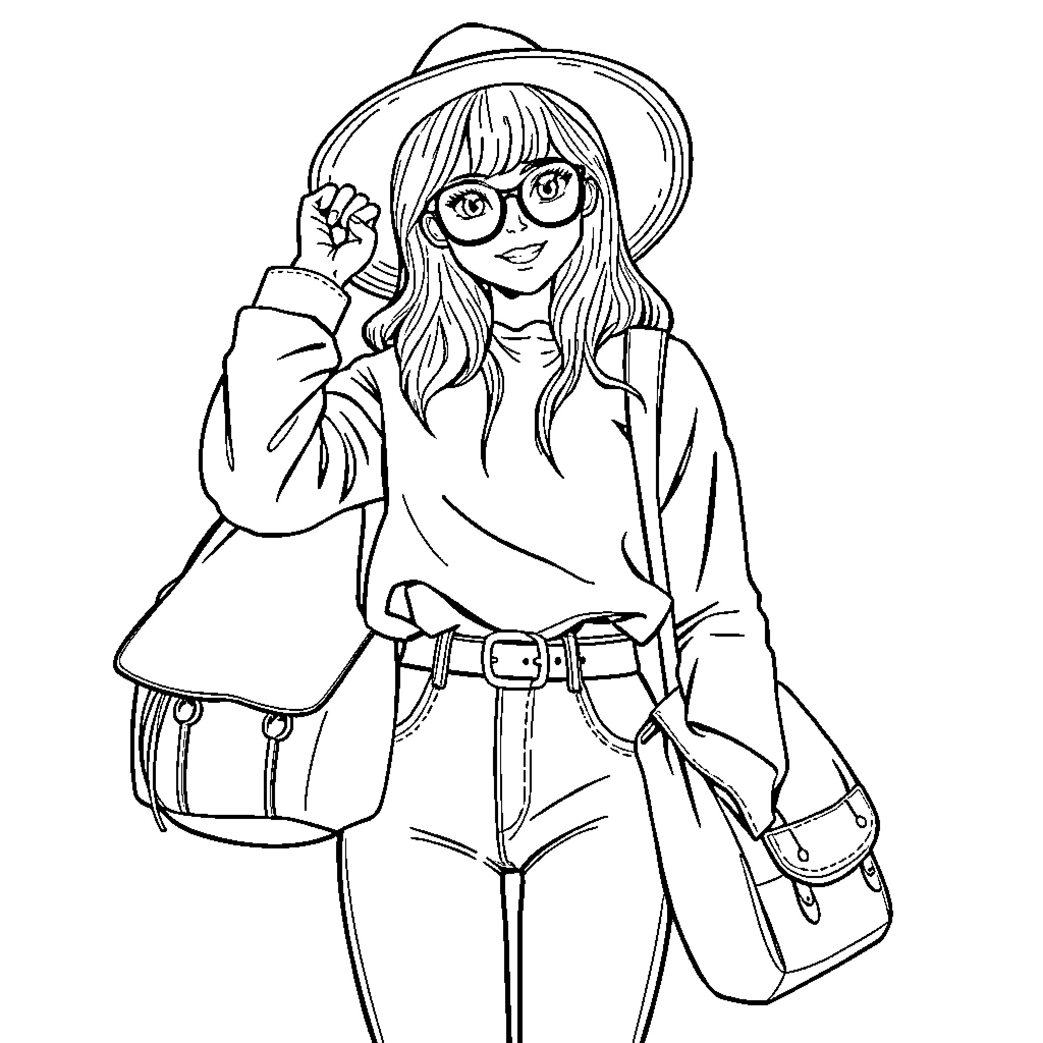 High Schooler with stylish outfit and accessories Coloring Page (free black-and-white line drawing printable PDF for all, from beginners to advanced learners, including children, teens, adults, and seniors)