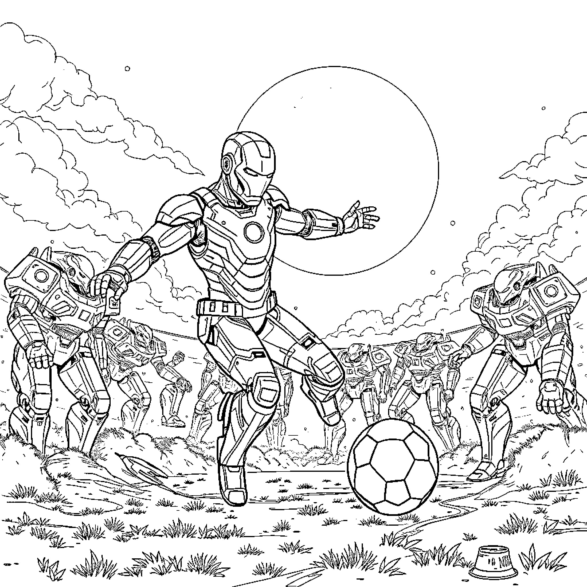 Bebe Iron Man plays soccer with his robot friends Coloring Page (free black-and-white line drawing printable PDF for all, from beginners to advanced learners, including children, teens, adults, and seniors)