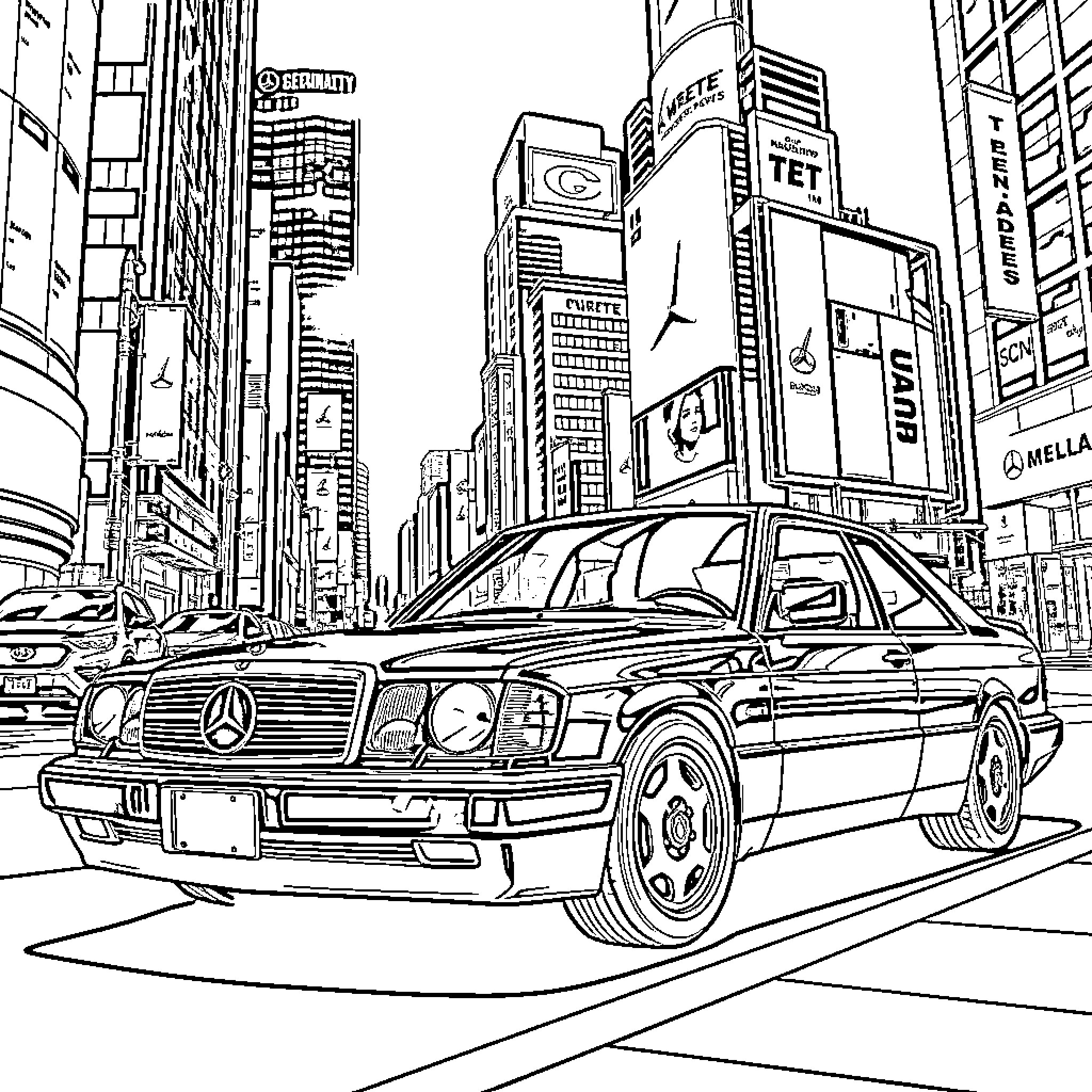 S124 Mercedes racing through Times Square Coloring Page (free black-and-white line drawing printable PDF for all, from beginners to advanced learners, including children, teens, adults, and seniors)