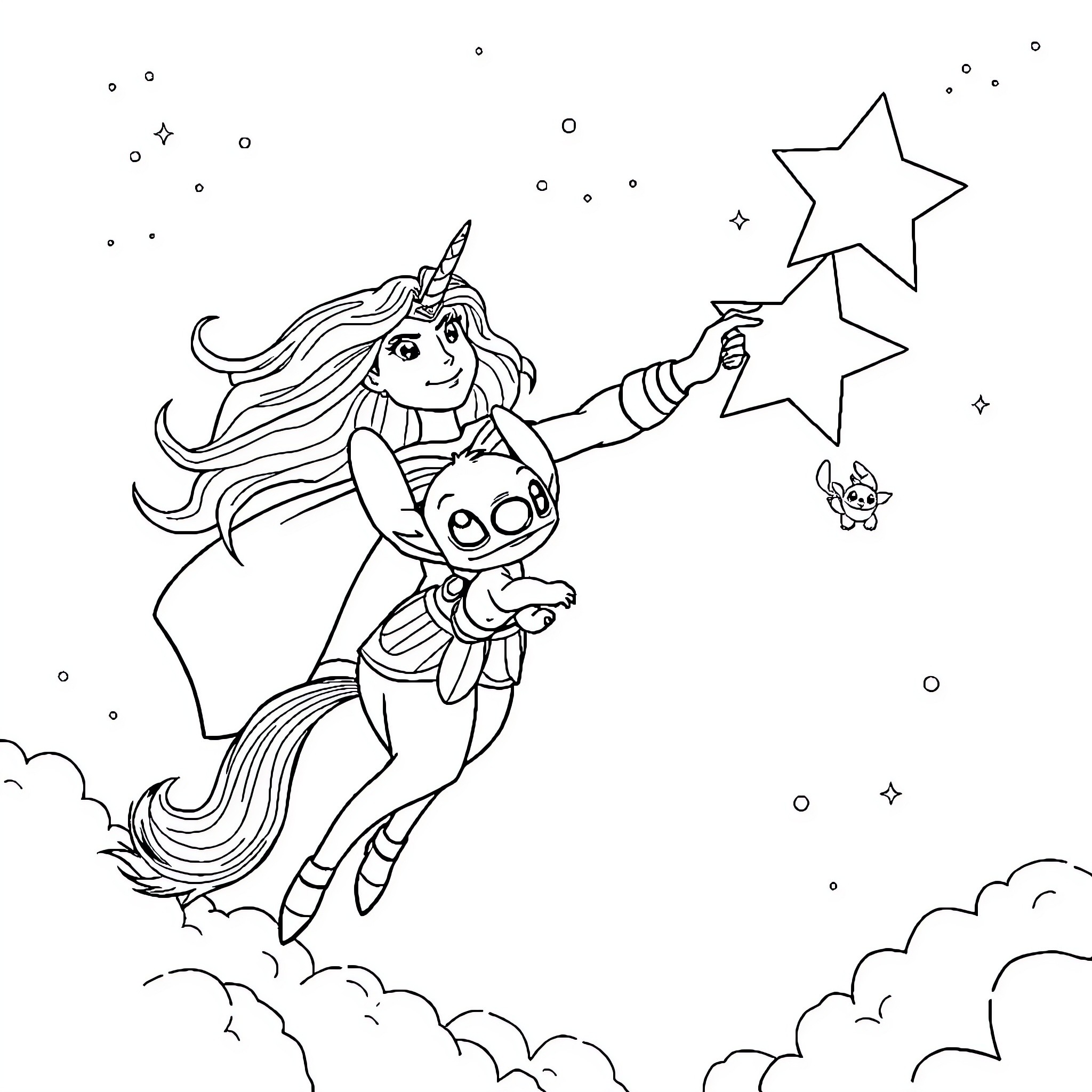 Unicorn flying with a magical companion Coloring Page (free black-and-white line drawing printable PDF for all, from beginners to advanced learners, including children, teens, adults, and seniors)