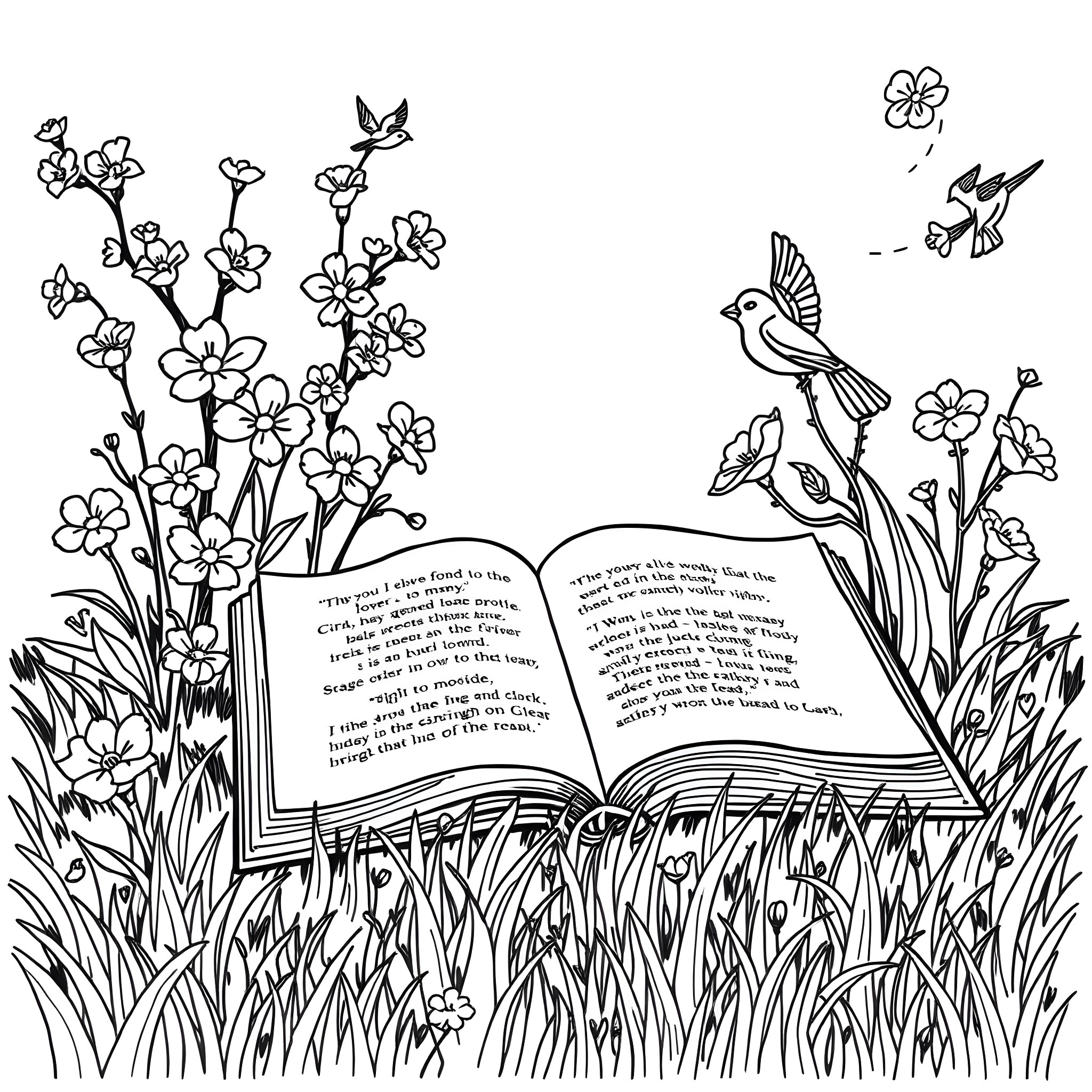 Spring flowers and bird in nature Coloring Page (free black-and-white line drawing printable PDF for all, from beginners to advanced learners, including children, teens, adults, and seniors)
