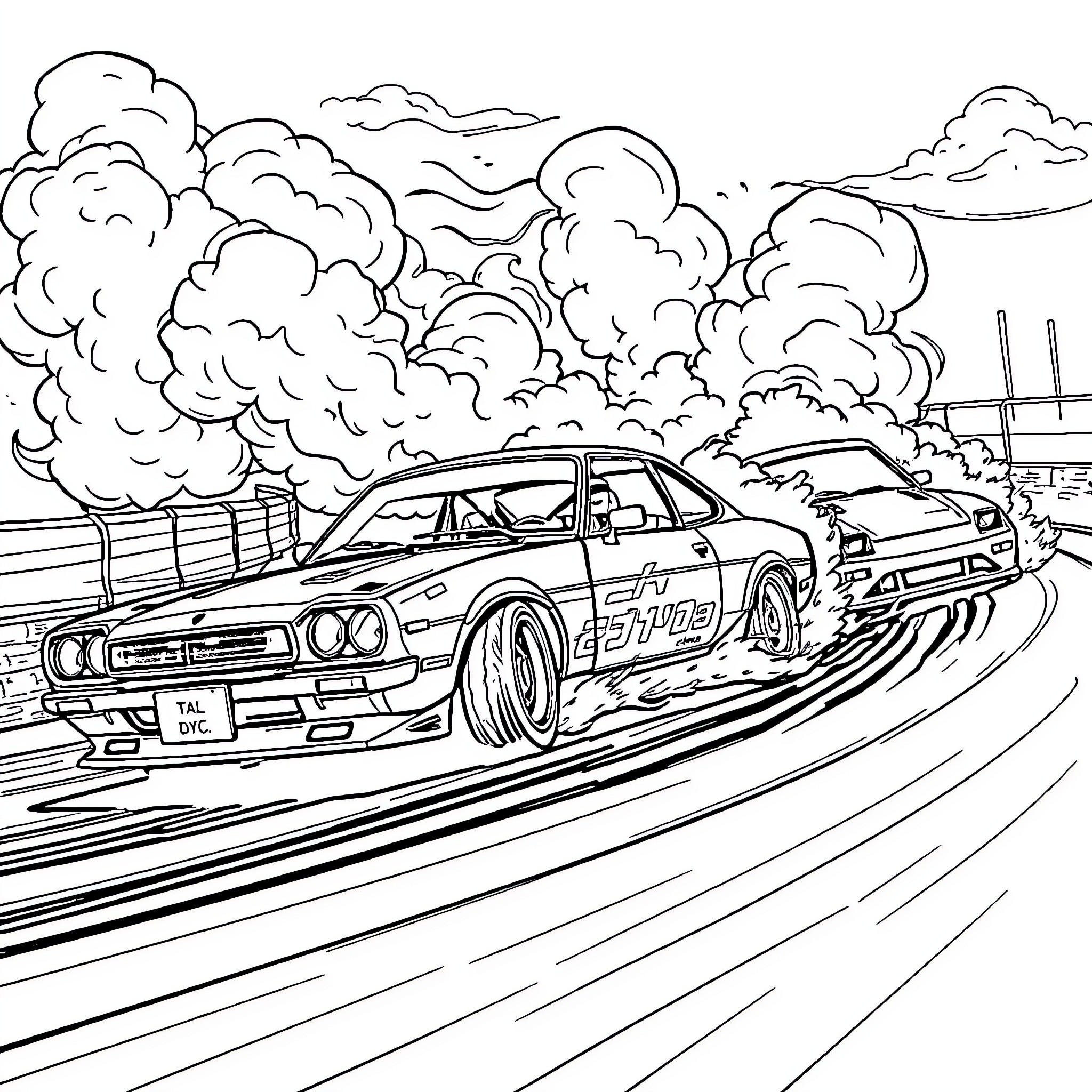 Car Racing Through City Landscape Coloring Page (free black-and-white line drawing printable PDF for all, from beginners to advanced learners, including children, teens, adults, and seniors)