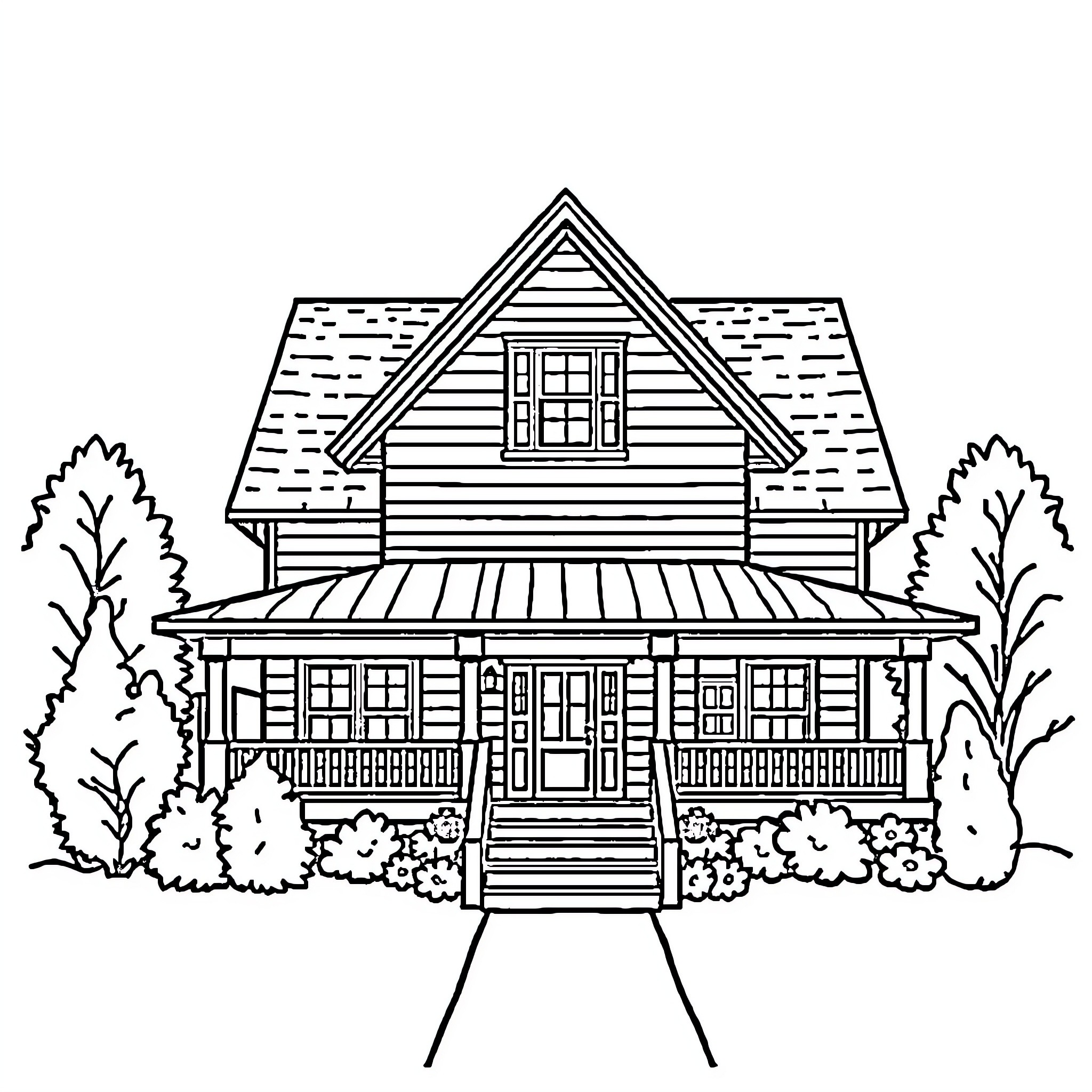 House with rustic wooden exterior and surrounding foliage Coloring Page (free black-and-white line drawing printable PDF for all, from beginners to advanced learners, including children, teens, adults, and seniors)