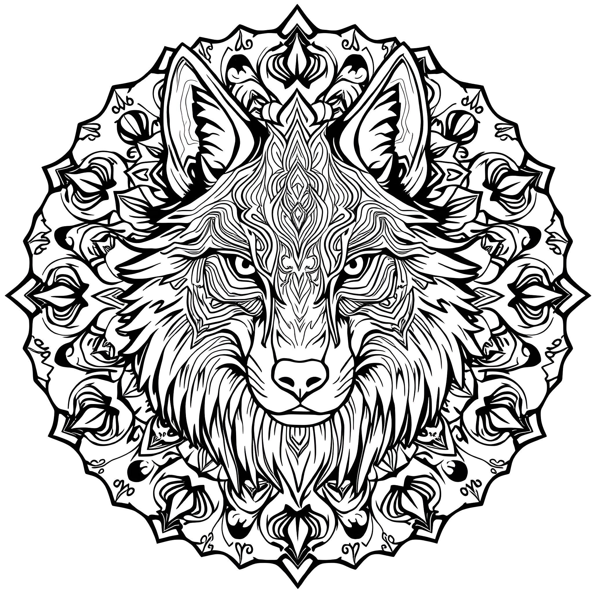Wolf surrounded by floral mandala design Coloring Page (free black-and-white line drawing printable PDF for all, from beginners to advanced learners, including children, teens, adults, and seniors)