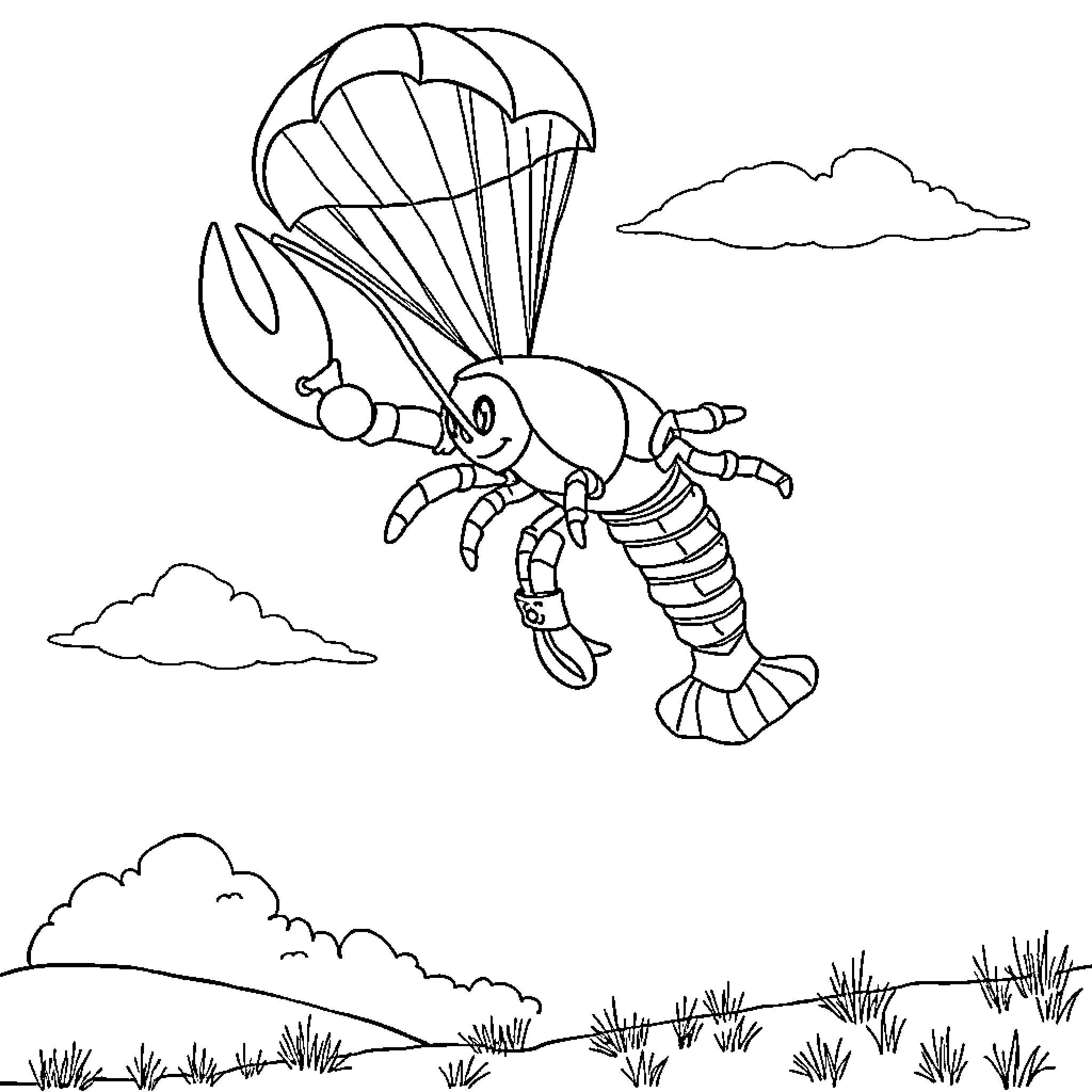 Lobster parachuting through the clouds Coloring Page (free black-and-white line drawing printable PDF for all, from beginners to advanced learners, including children, teens, adults, and seniors)