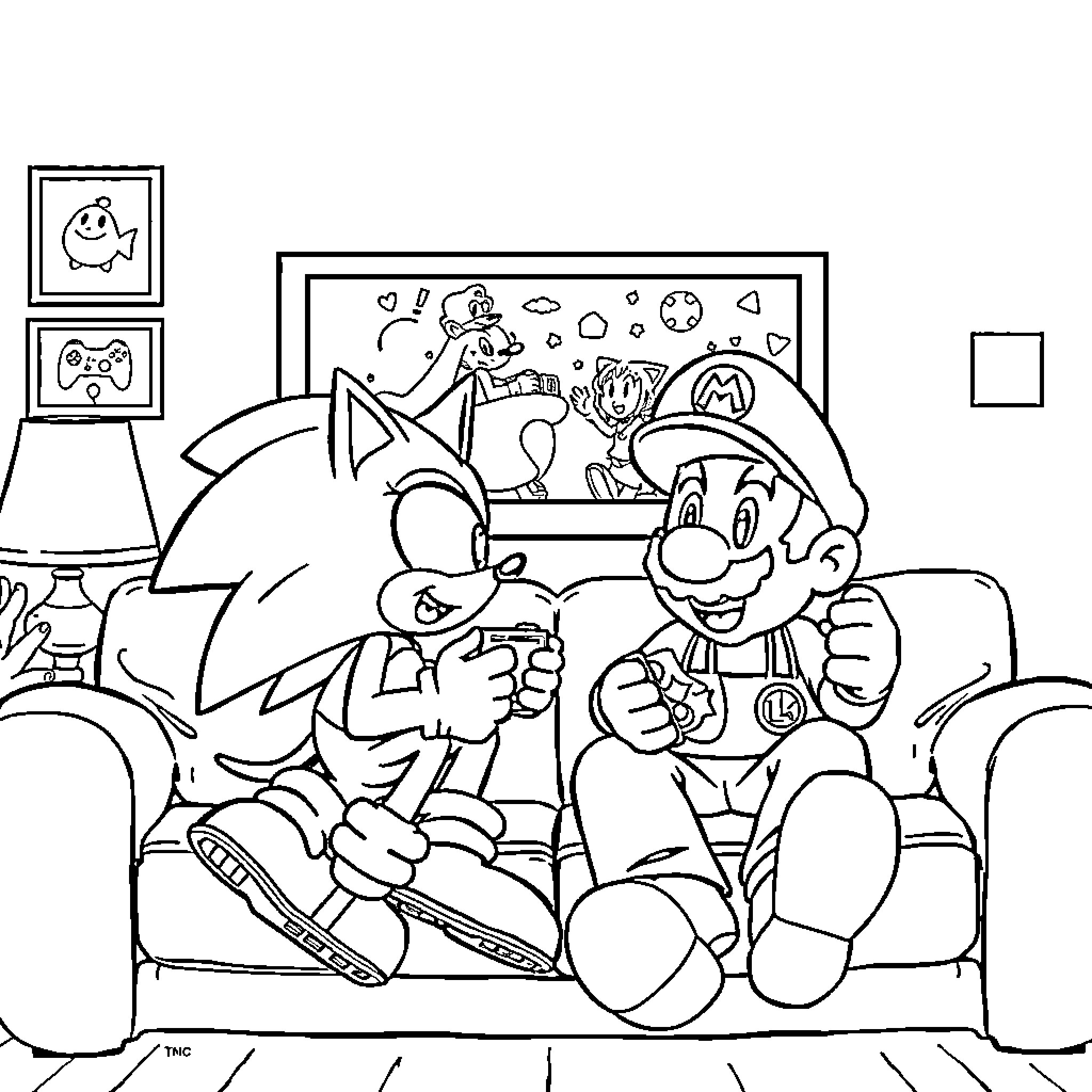 Sonic Characters Enjoying Video Games Together Coloring Page (free black-and-white line drawing printable PDF for all, from beginners to advanced learners, including children, teens, adults, and seniors)
