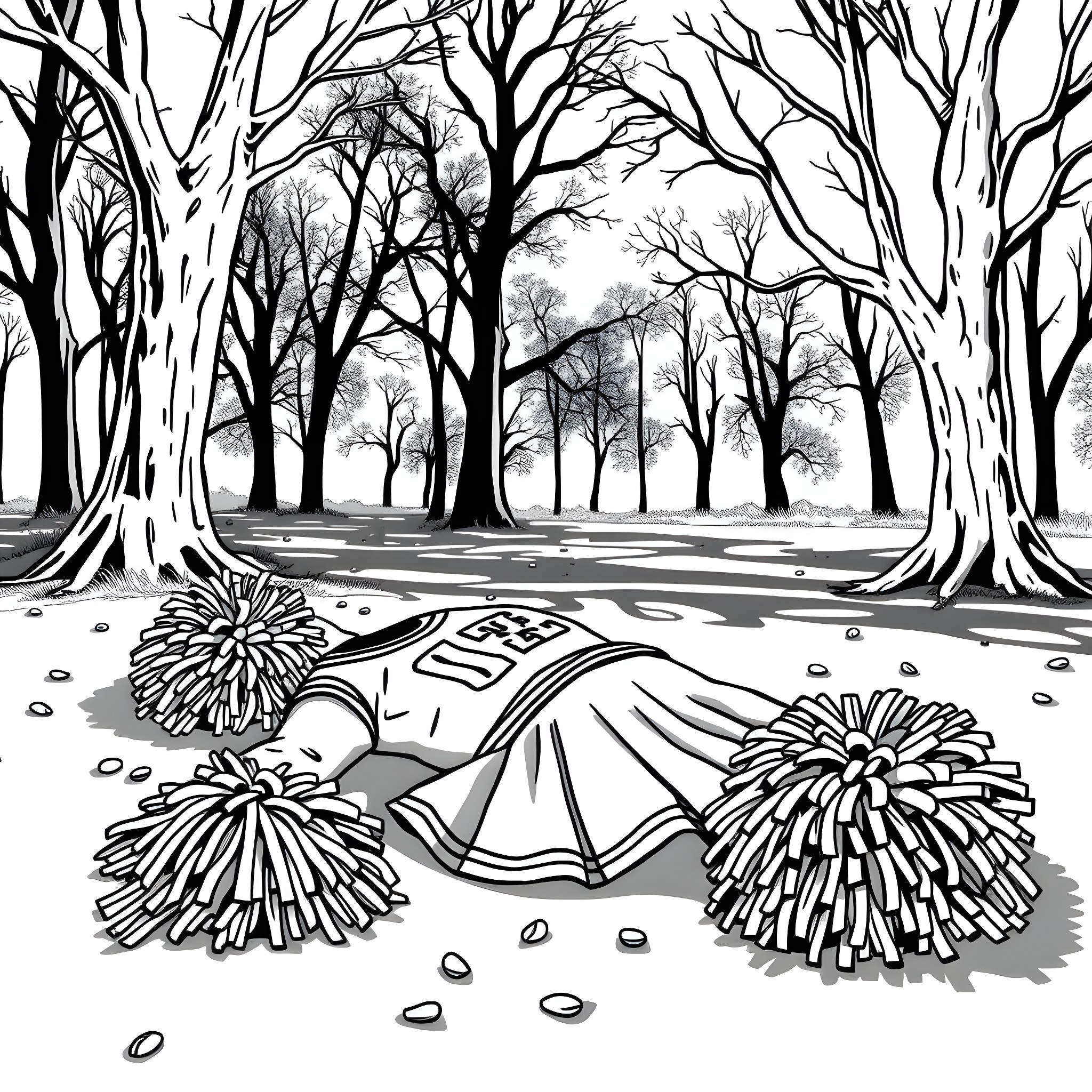 Cheerleader performing amidst a wintry forest landscape Coloring Page (free black-and-white line drawing printable PDF for all, from beginners to advanced learners, including children, teens, adults, and seniors)