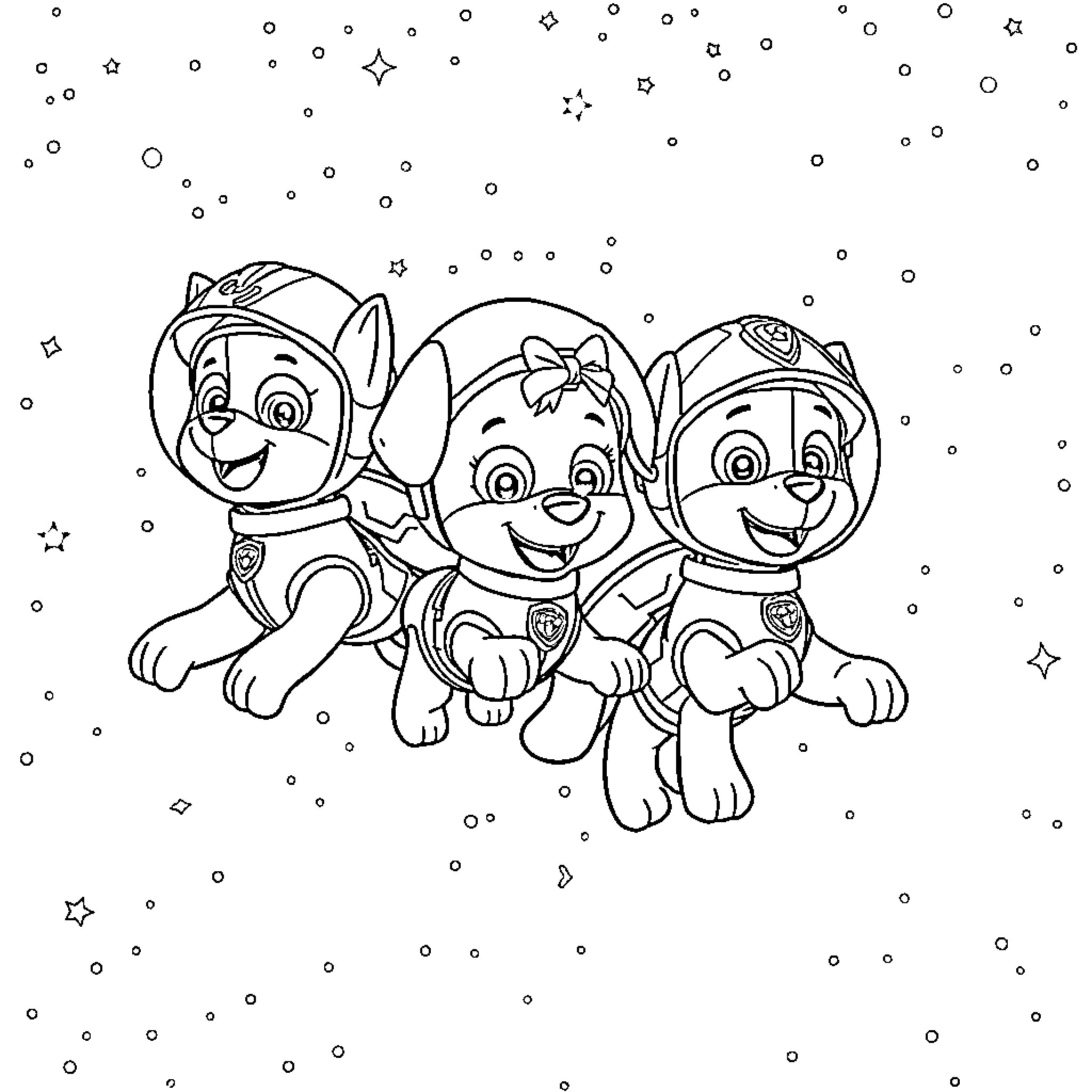Paw Patrol characters enjoying a starry night Coloring Page (free black-and-white line drawing printable PDF for all, from beginners to advanced learners, including children, teens, adults, and seniors)