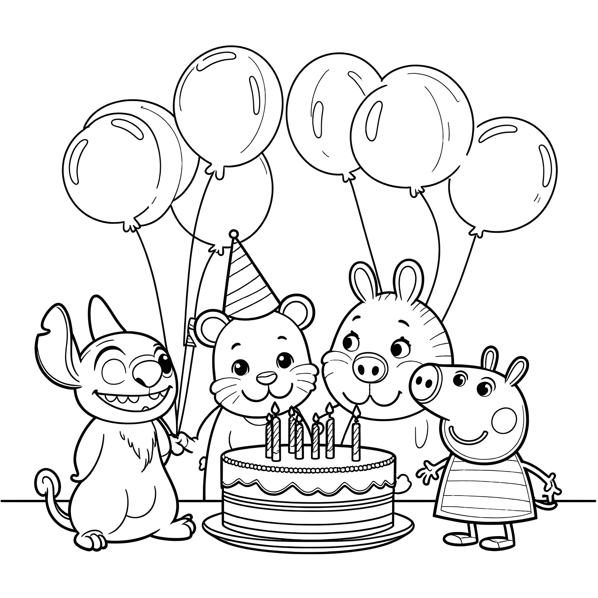 Character celebrating birthday with friends and balloons Coloring Page (free black-and-white line drawing printable PDF for all, from beginners to advanced learners, including children, teens, adults, and seniors)