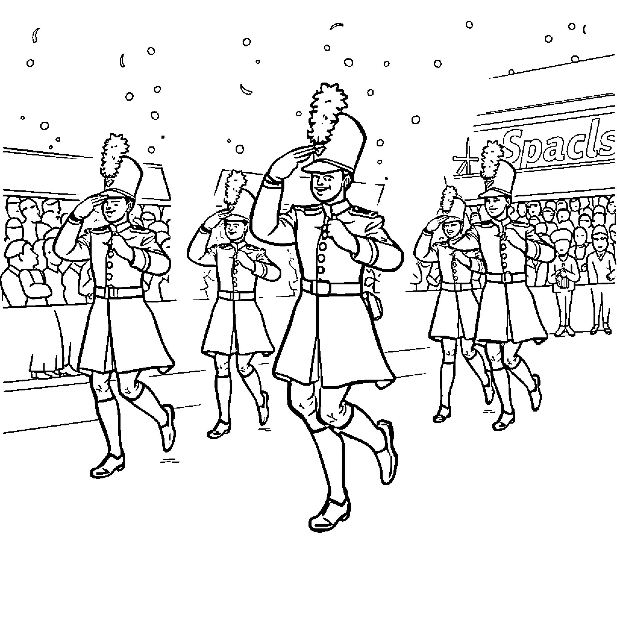 Firefighters in a ceremonial parade Coloring Page (free black-and-white line drawing printable PDF for all, from beginners to advanced learners, including children, teens, adults, and seniors)