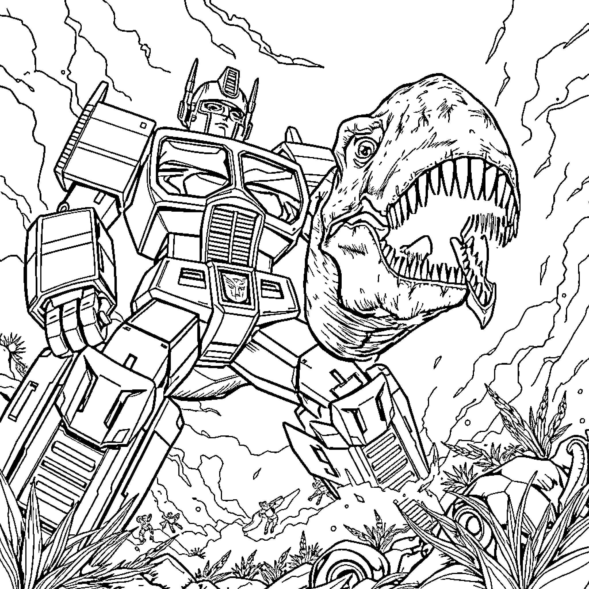 Optimus Prime battling a fearsome prehistoric beast Coloring Page (free black-and-white line drawing printable PDF for all, from beginners to advanced learners, including children, teens, adults, and seniors)