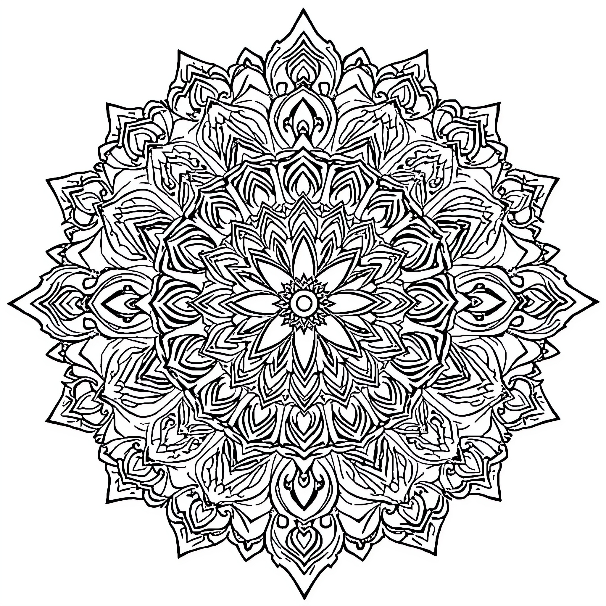 Mandala of intricate floral patterns and symmetry Coloring Page (free black-and-white line drawing printable PDF for all, from beginners to advanced learners, including children, teens, adults, and seniors)