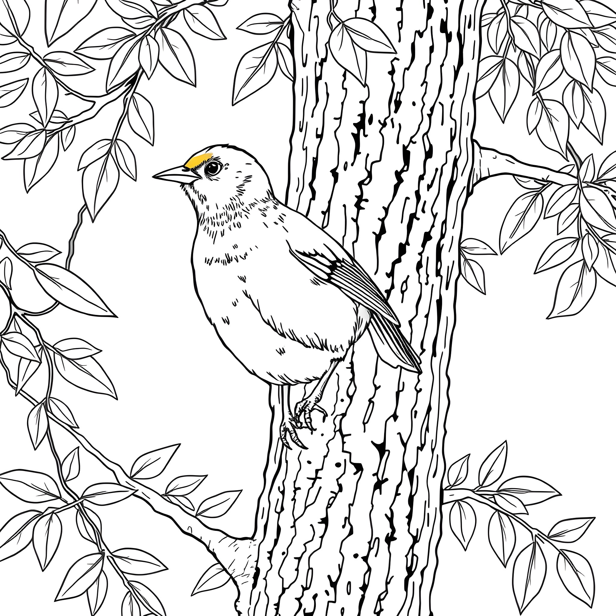 Saffron Finch perching on a tree in the forest Coloring Page (free black-and-white line drawing printable PDF for all, from beginners to advanced learners, including children, teens, adults, and seniors)