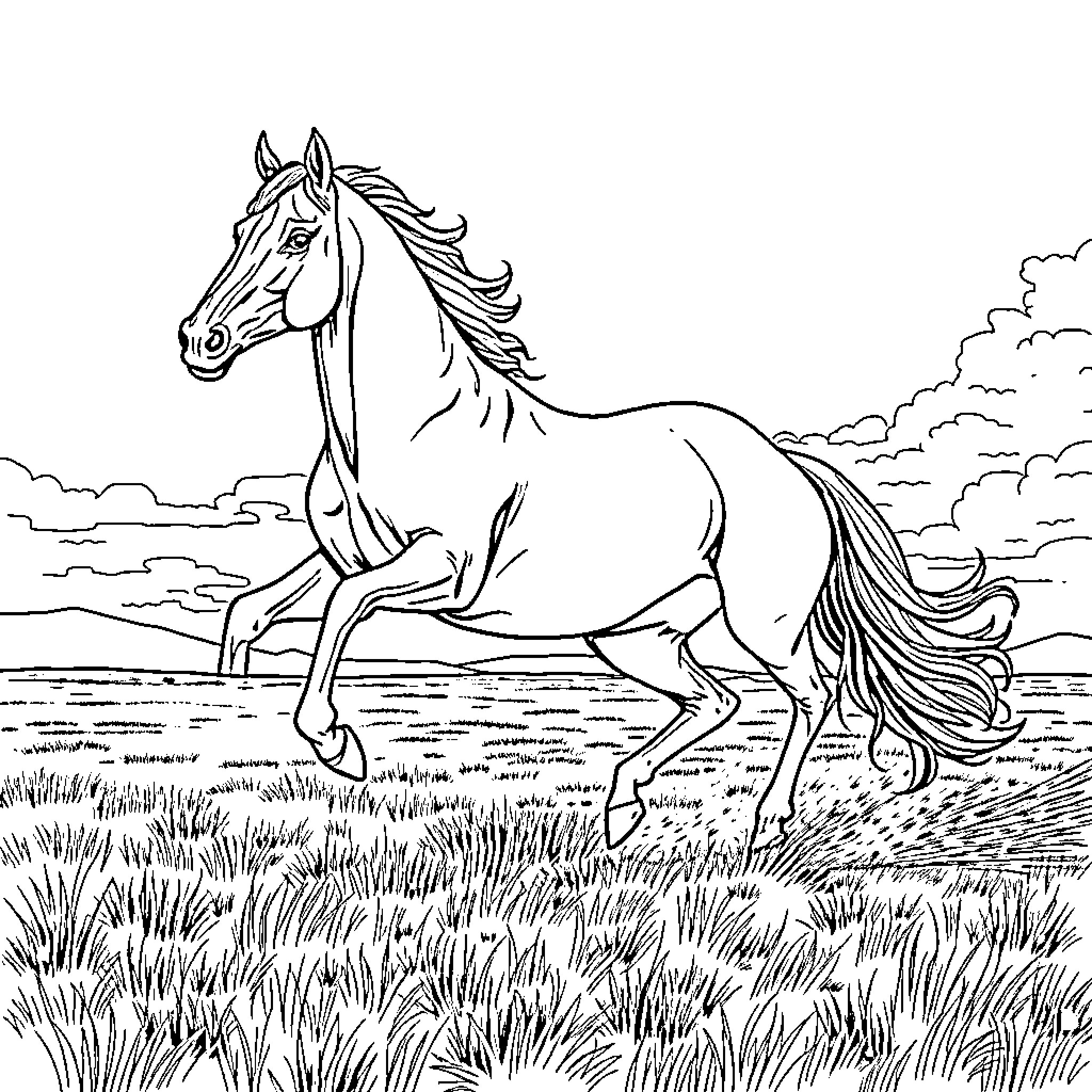 Horse galloping gracefully through a scenic field Coloring Page (free black-and-white line drawing printable PDF for all, from beginners to advanced learners, including children, teens, adults, and seniors)