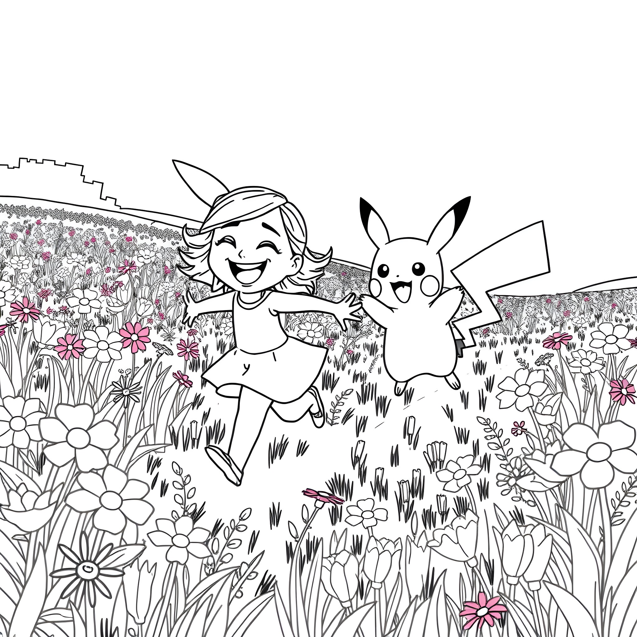 Joy in a Whimsical Flower Meadow Coloring Page (free black-and-white line drawing printable PDF for all, from beginners to advanced learners, including children, teens, adults, and seniors)