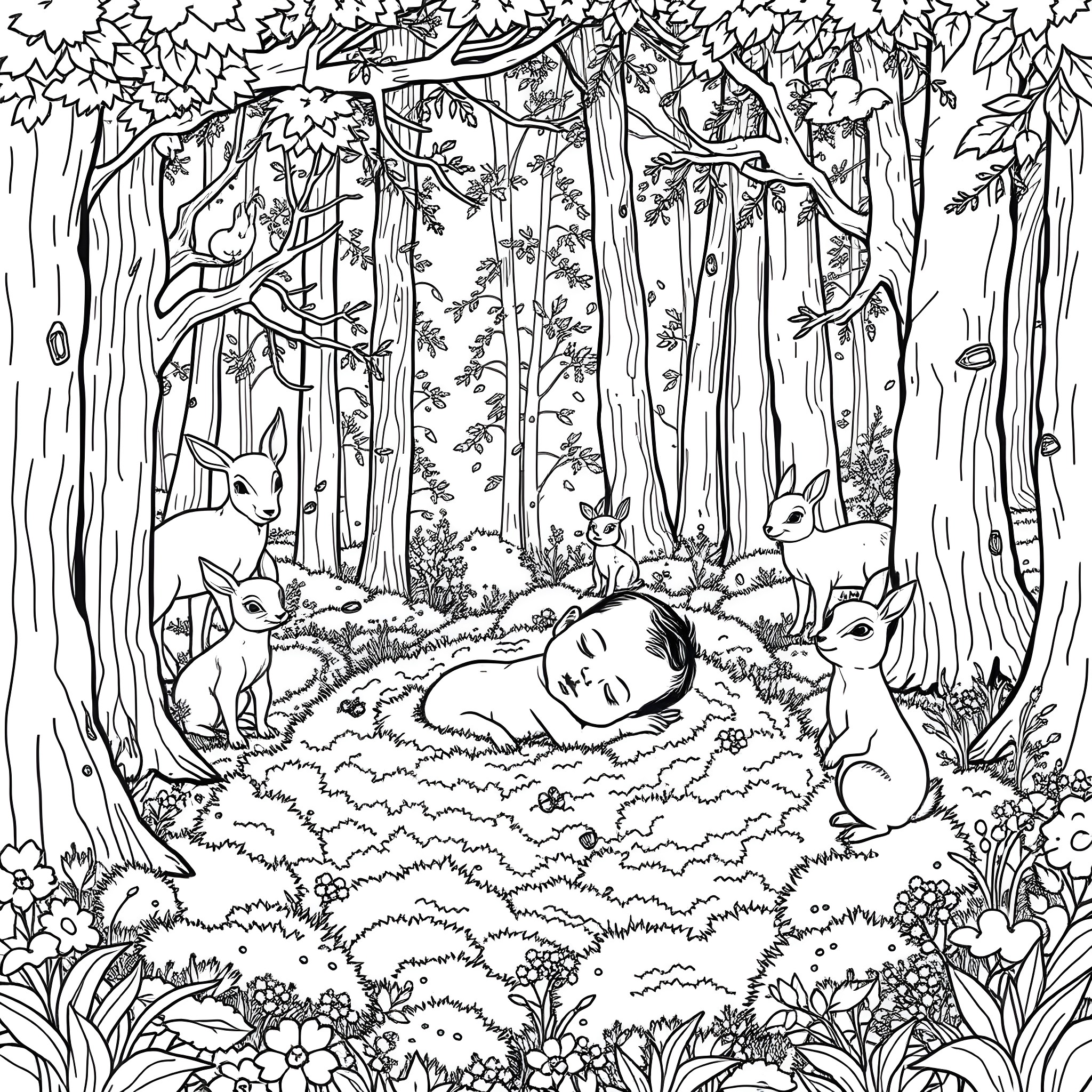 Baby sleeping peacefully in the enchanted forest Coloring Page (free black-and-white line drawing printable PDF for all, from beginners to advanced learners, including children, teens, adults, and seniors)