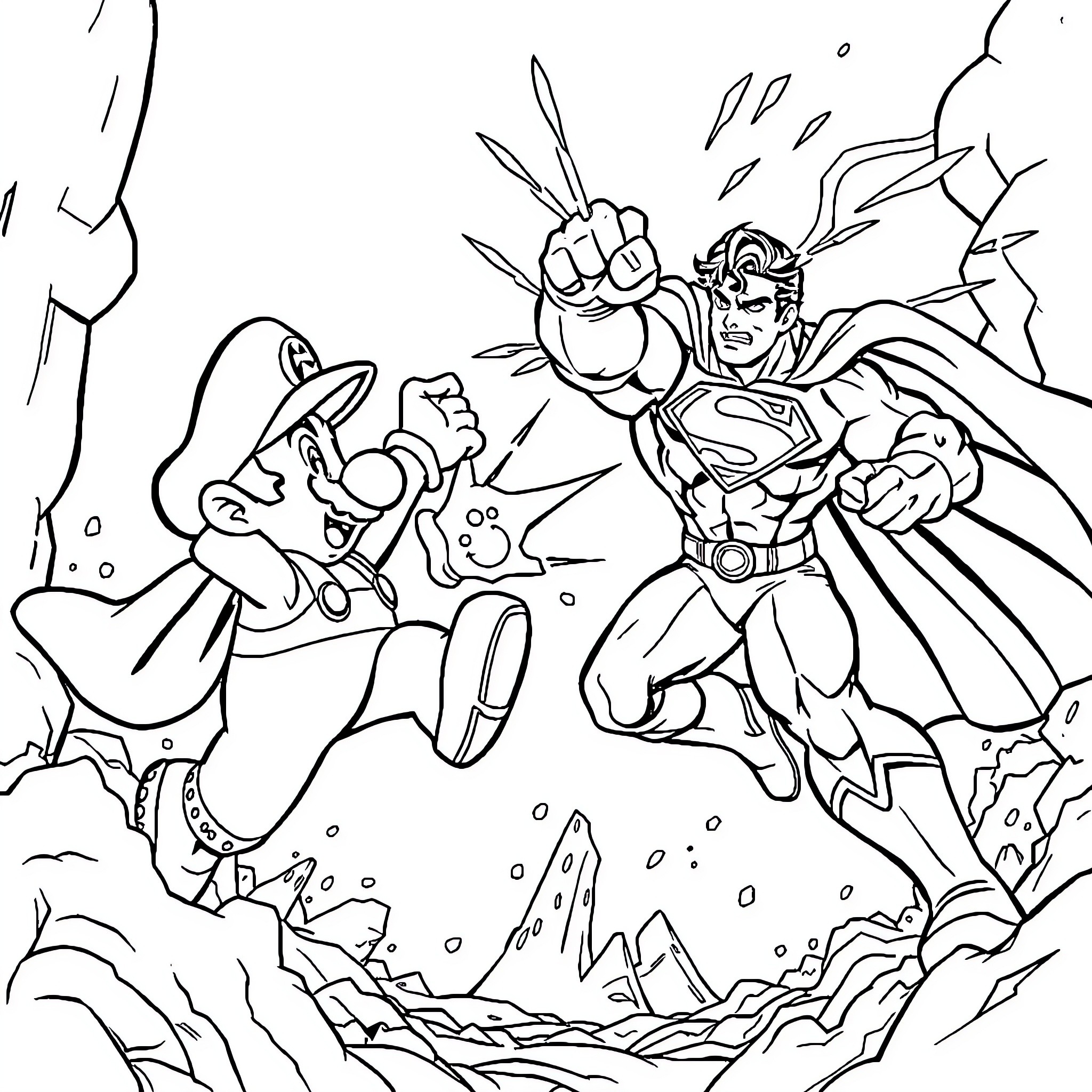 Super Mario Battles Heroic Superman in Intense Clash Coloring Page (free black-and-white line drawing printable PDF for all, from beginners to advanced learners, including children, teens, adults, and seniors)
