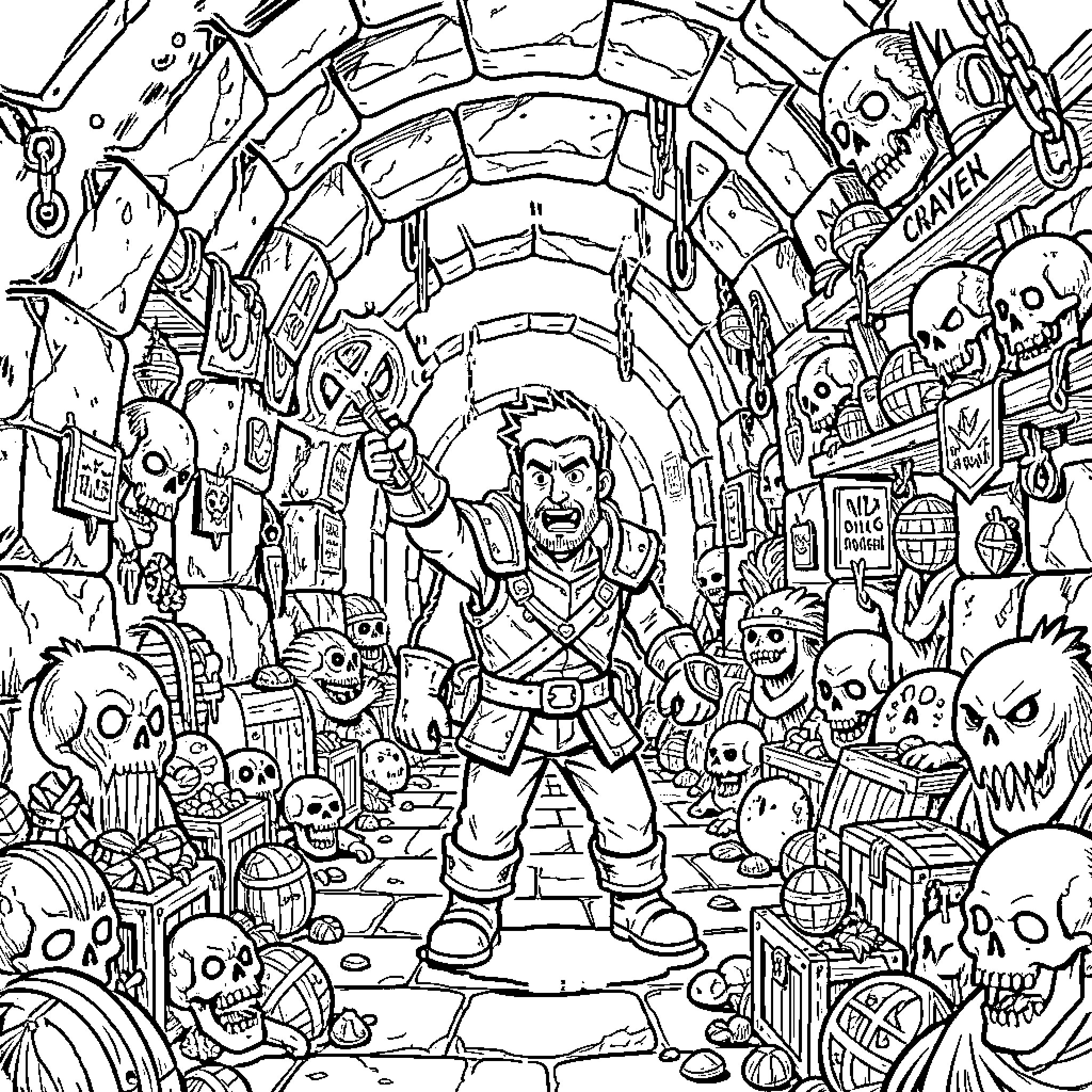 Dungeon Crawler Carl's Perilous Journey Through a Haunting Underworld Coloring Page (free black-and-white line drawing printable PDF for all, from beginners to advanced learners, including children, teens, adults, and seniors)
