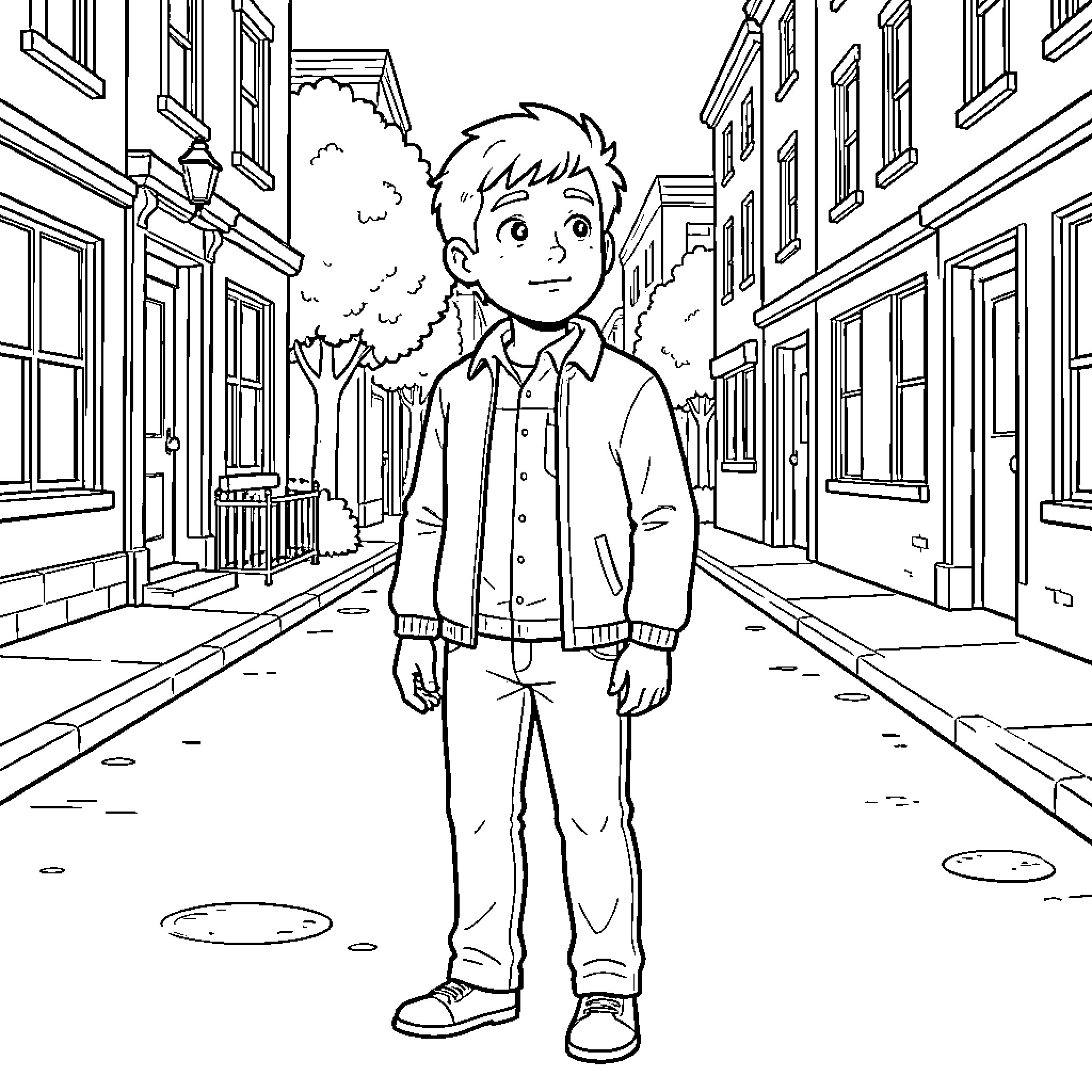 Dustin walking through a city street Coloring Page (free black-and-white line drawing printable PDF for all, from beginners to advanced learners, including children, teens, adults, and seniors)